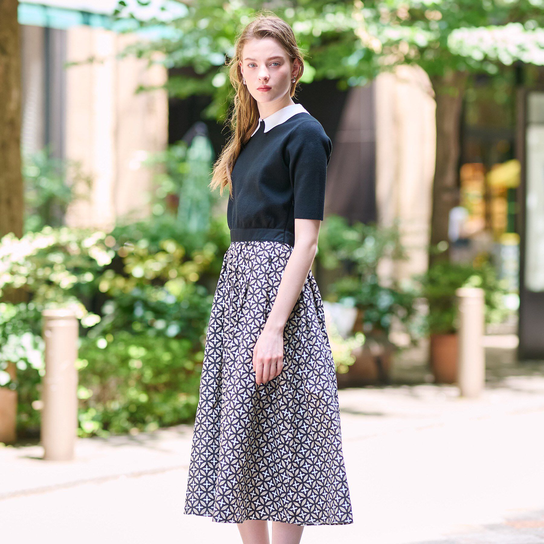 DRESSTERIOR「【ウォッシャブル】オーバーラップバイカラーニットコンビワンピース」|ワンピース|