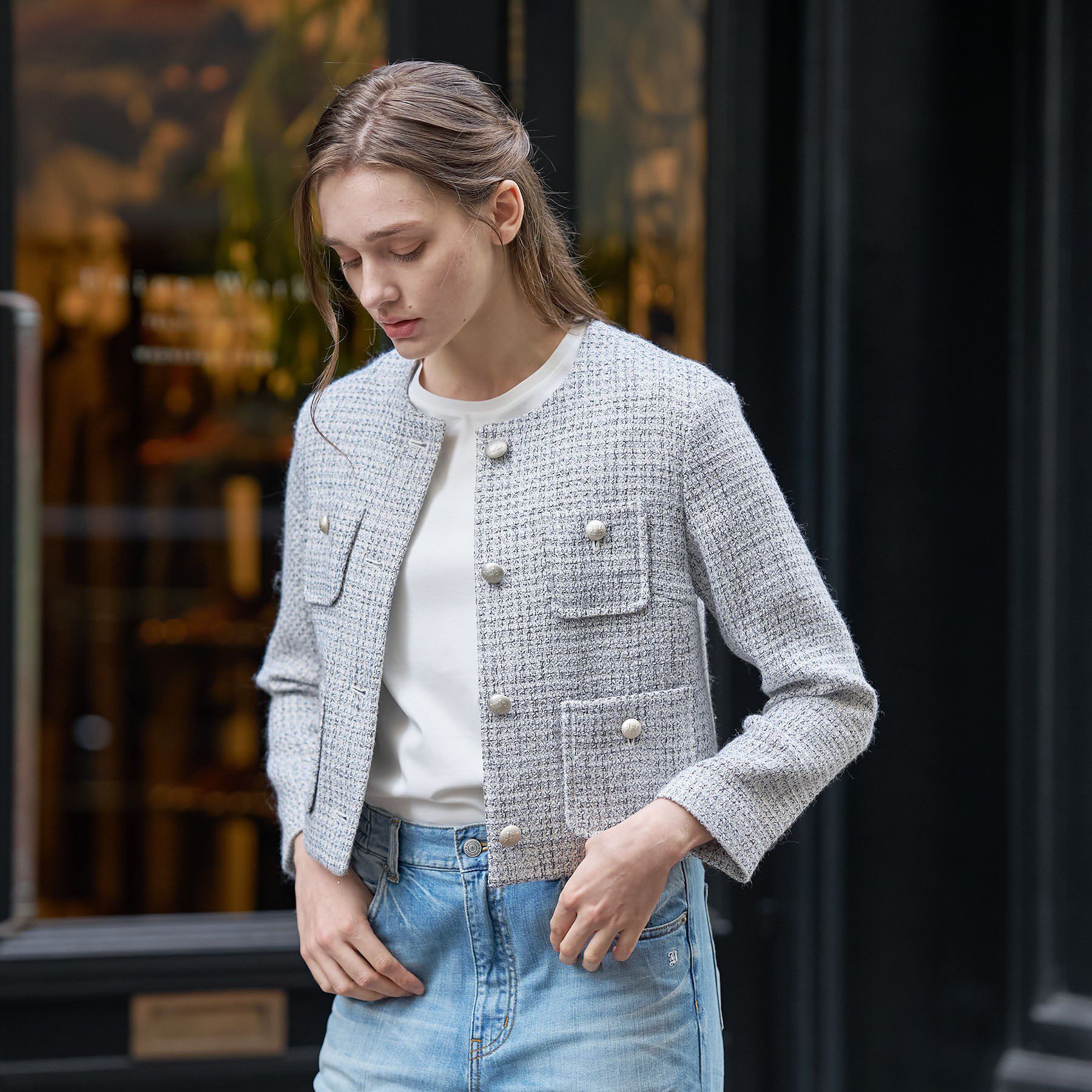 DRESSTERIOR「ラメミックスツイードジャケット」|ノーカラージャケット|