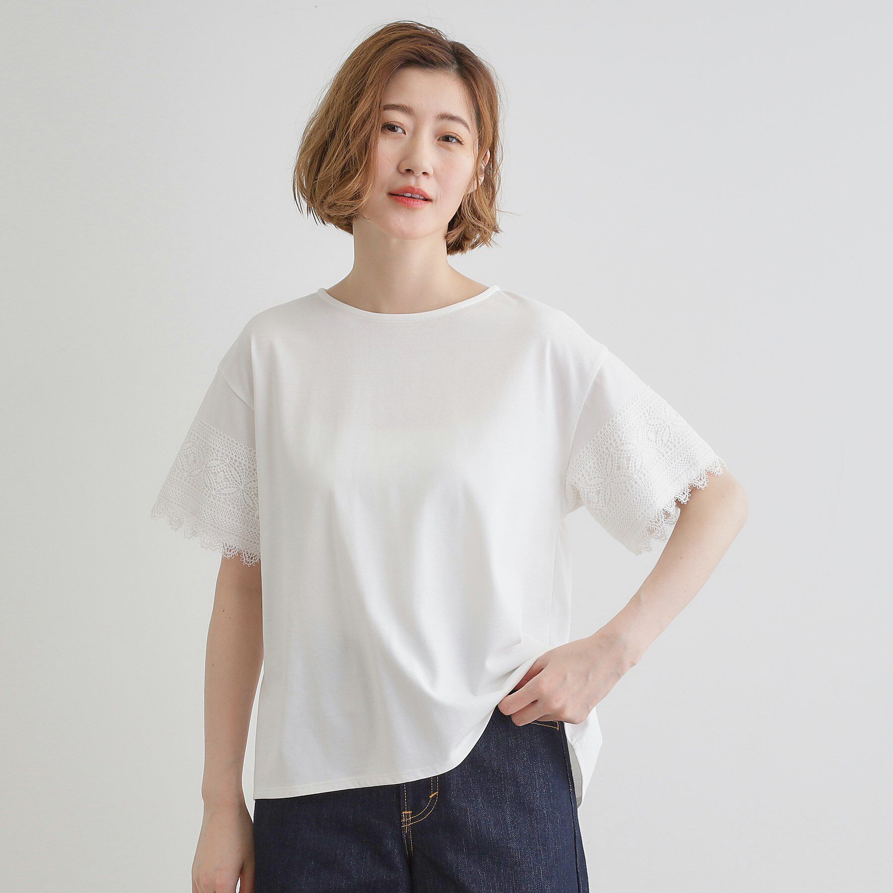 grove「【洗える/二の腕カバー】上品なレースで叶える、きちんと見えの夏Tシャツ」|Tシャツ・カットソー|オフホワイト(003