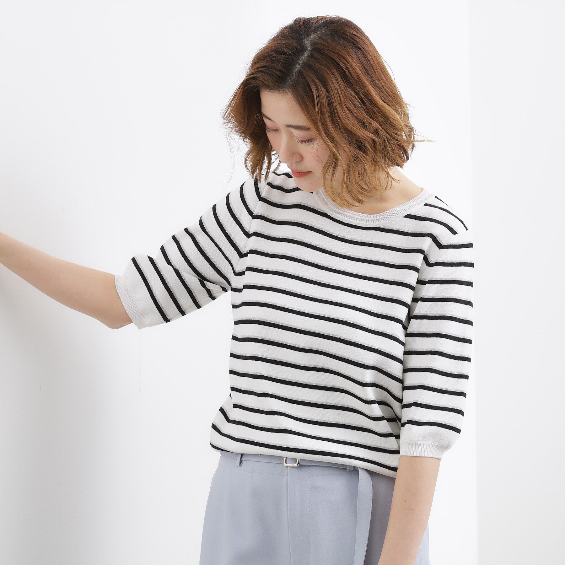 grove「【貴島明日香さん着用・シリーズ累計34万枚】やわらかドライタッチ 五分袖クルーネックニット」|ニット・セーター|