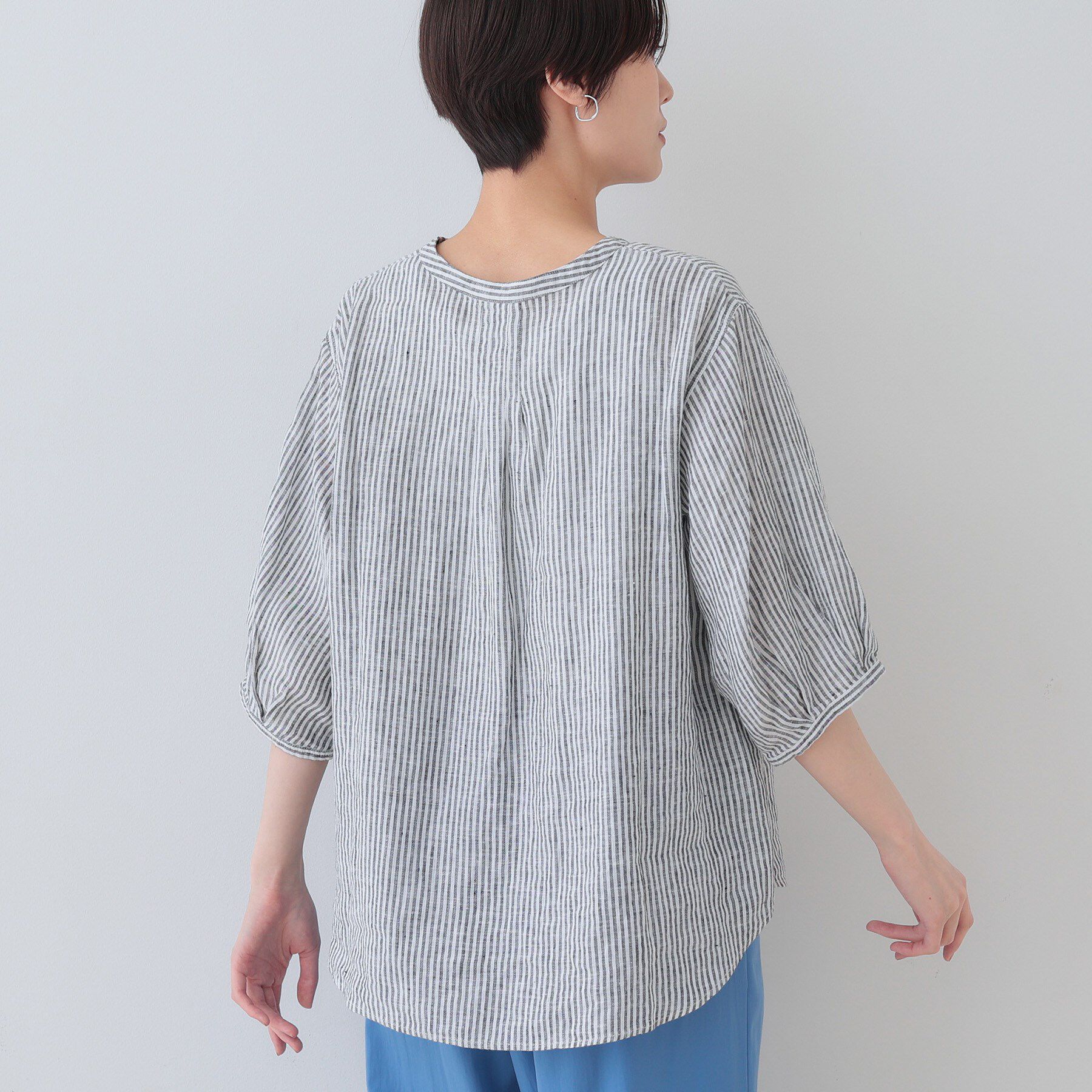 INDIVI「【毎年人気！／フレンチリネン】5分袖バンドカラーブラウス」|シャツ・ブラウス|