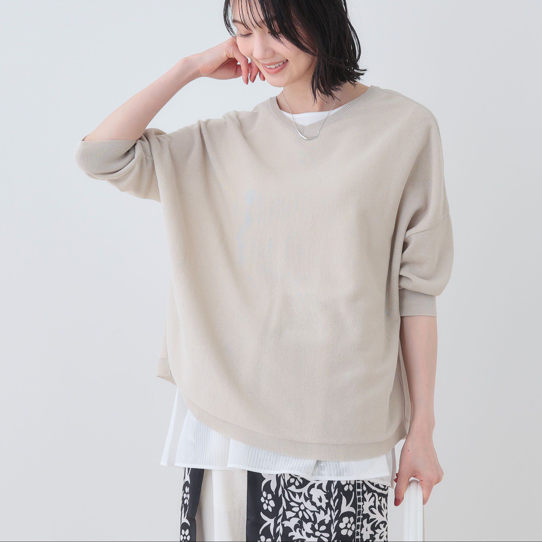 INDIVI「【洗える】コットンリネン ドルマンニット」|ニット・セーター|グレージュ(050)