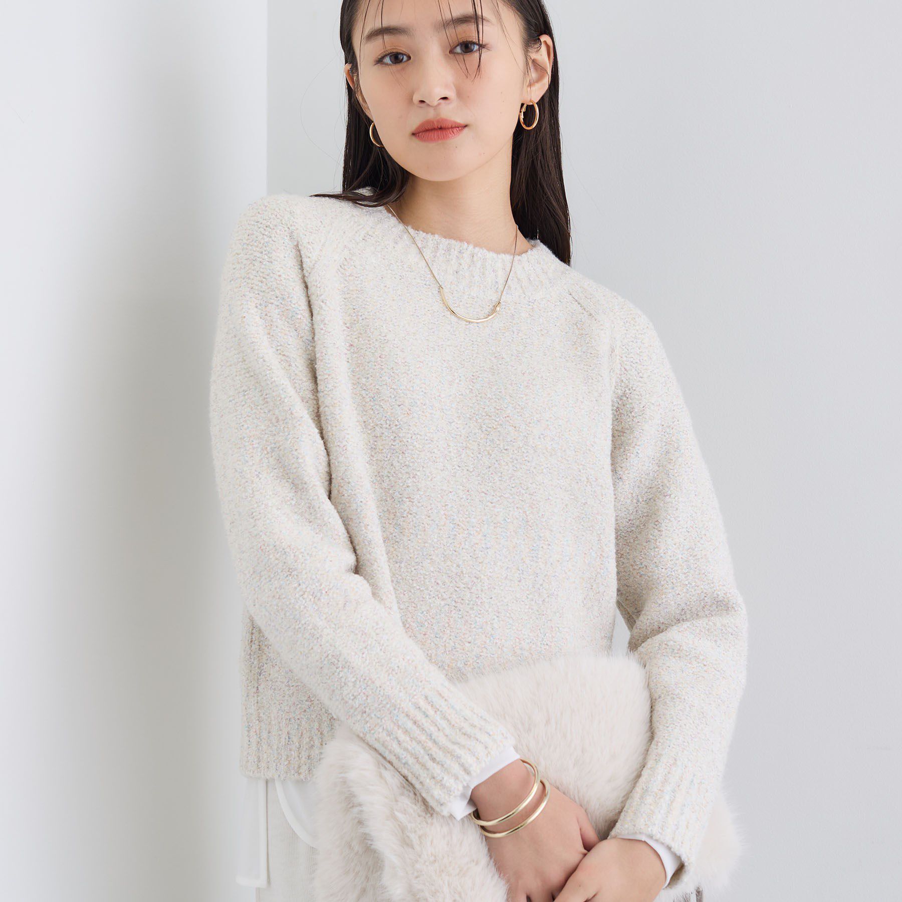 INDIVI「【洗える／ラメ／意匠感】ミックスブークレニット」|ニット・セーター|オフホワイト(403