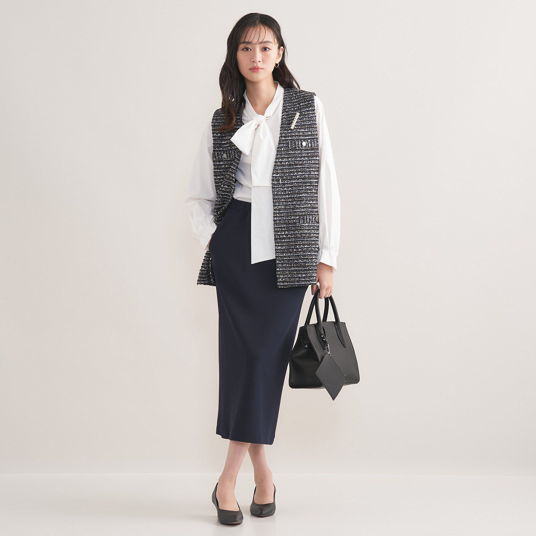 INDIVI「【2点セット／洗える】ツイードジレ＆ボウタイブラウス」|その他|