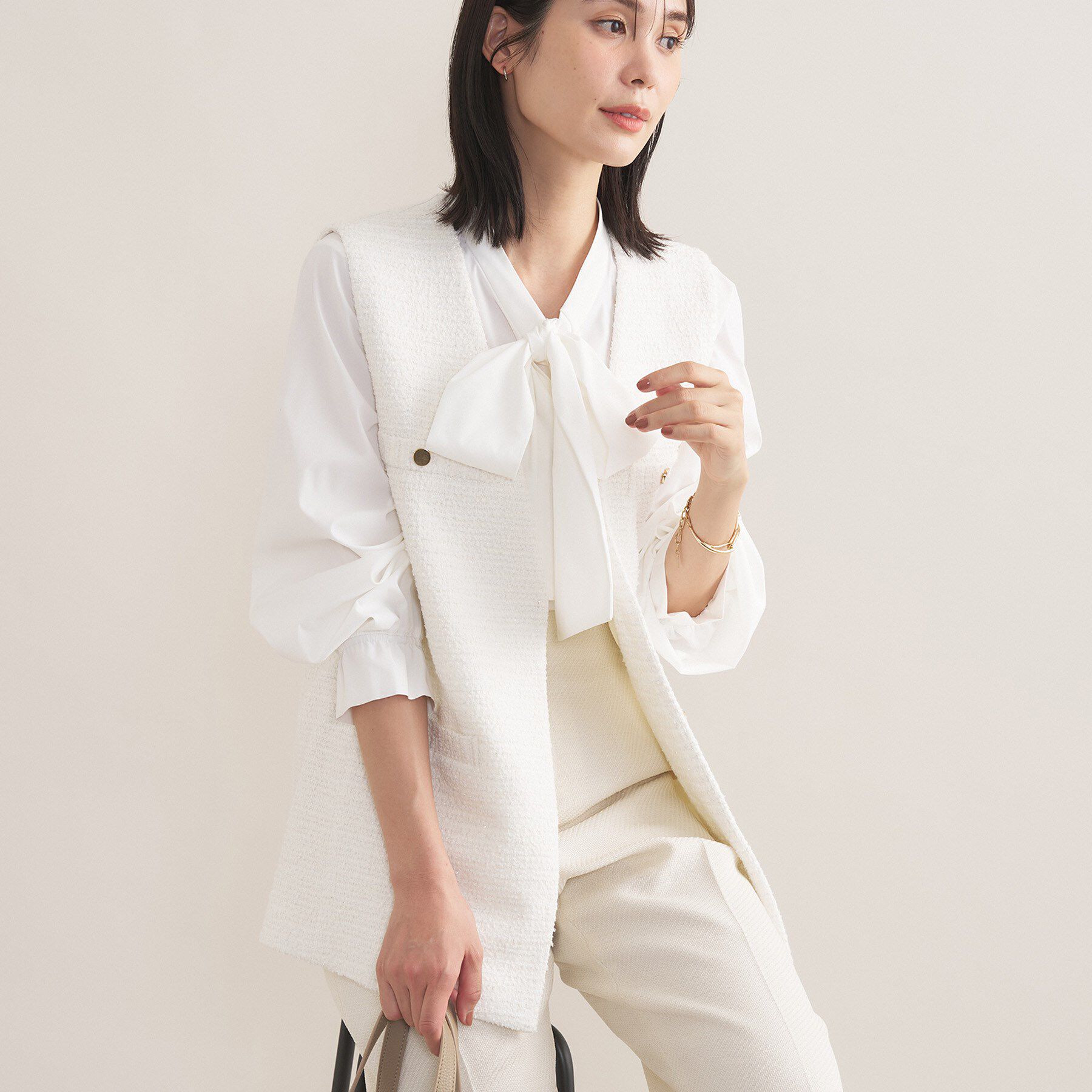 INDIVI「【2点セット／洗える】ツイードジレ＆ボウタイブラウス」|その他|