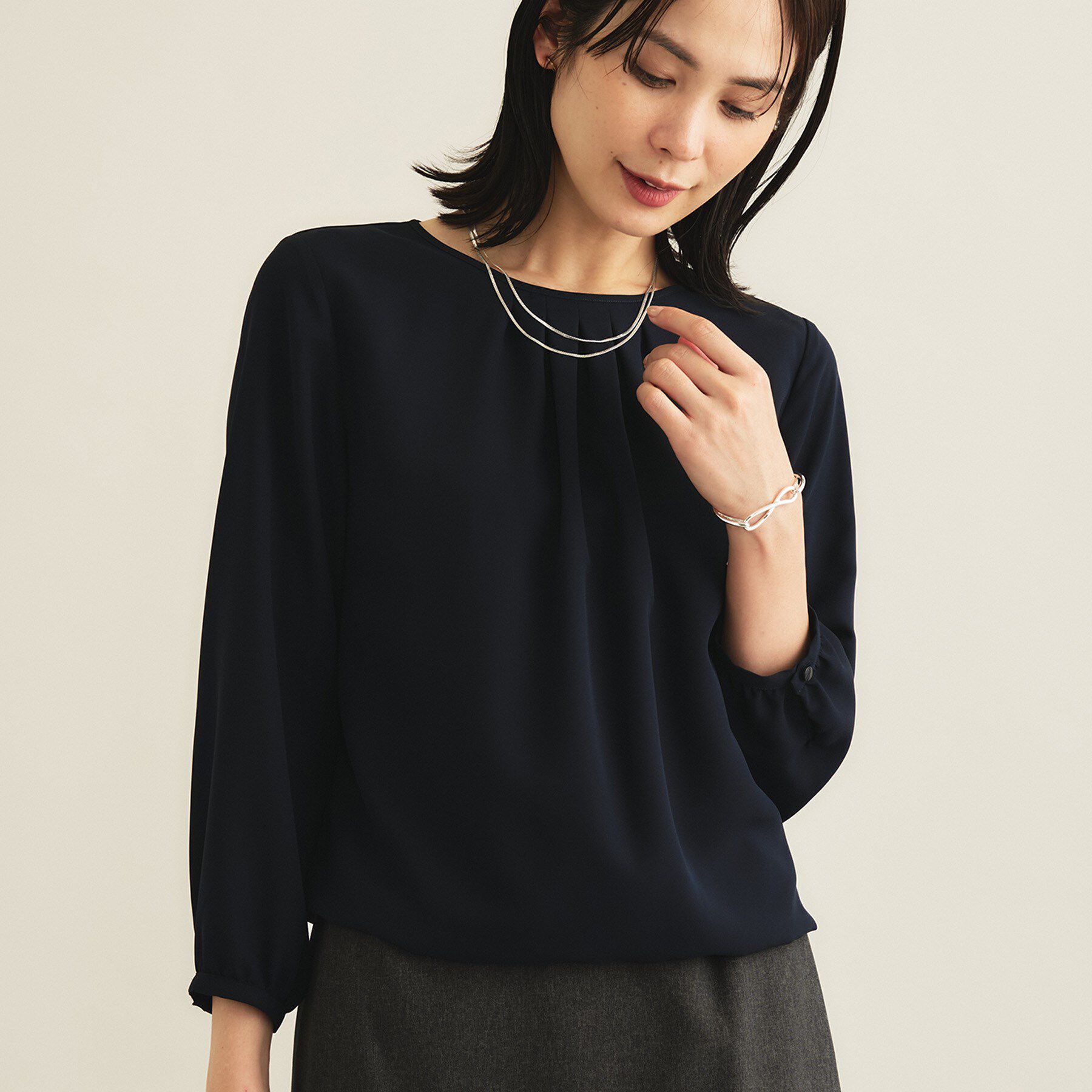 INDIVI「【洗える／透けにくい】ダイヤ柄プリントブラウス」|シャツ・ブラウス|ネイビー(094)