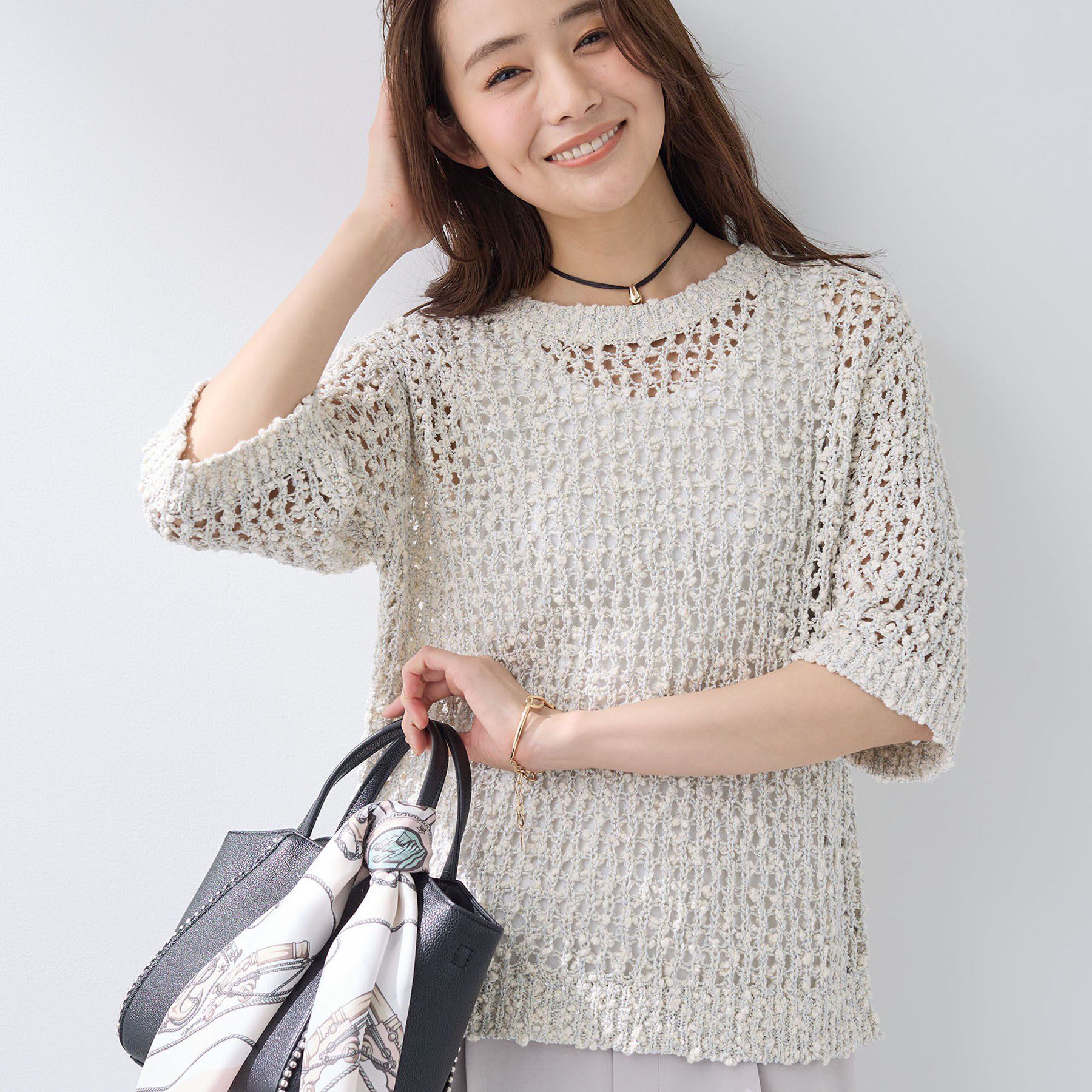 INDIVI「【洗える／ラメ混／5分袖】イタリア糸ファンシーヤーンニット」|ニット・セーター|ライトグレー(411