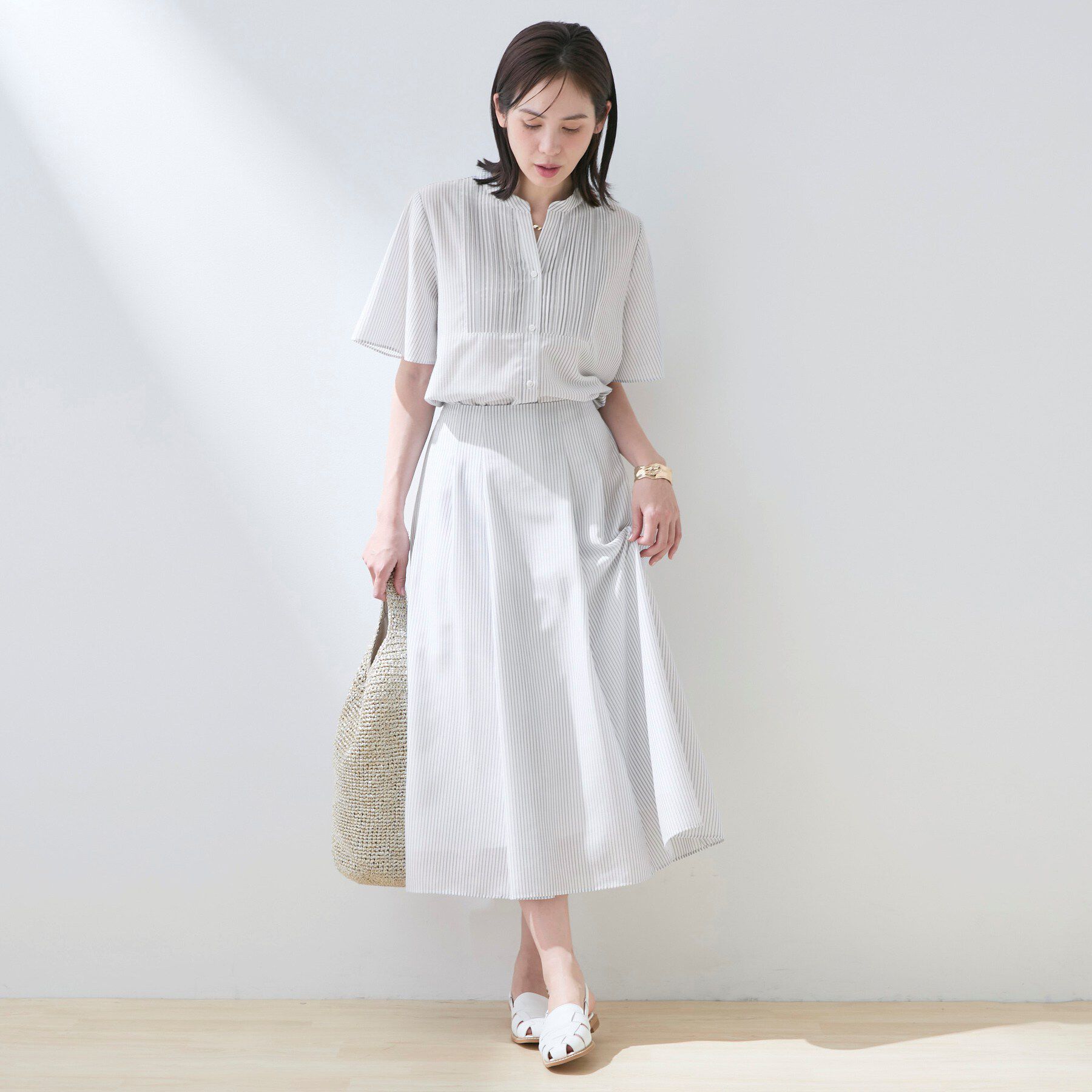 INDIVI「【洗える／SETUP可能】シアーシャンブレータックフレアスカート」|スカート|