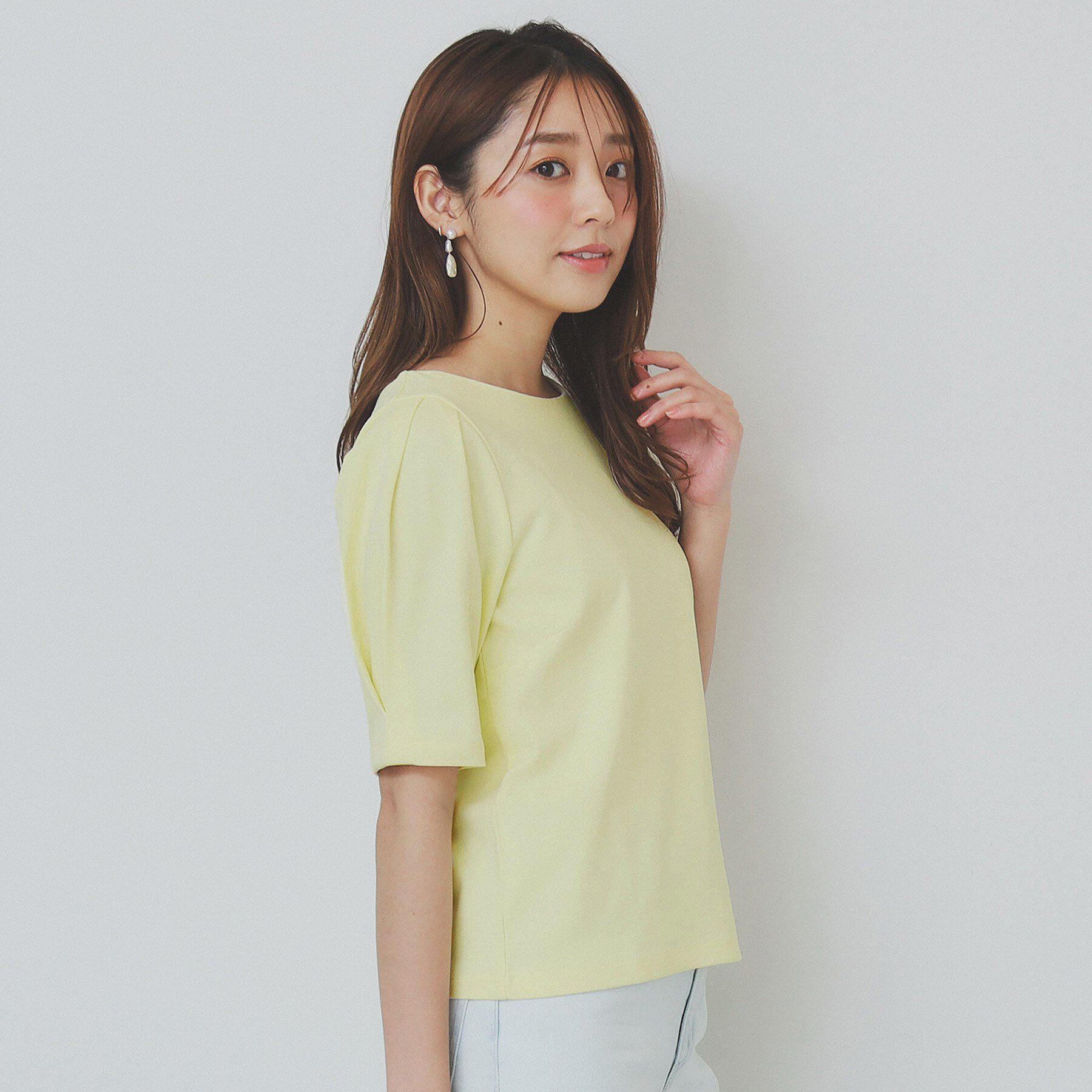 index「《10色展開/XS-LLサイズ》コットンスムースタックスリーブトップス【UV/接触冷感/洗濯機洗い可」|Tシャツ・カットソー|ライトイエロー(03
