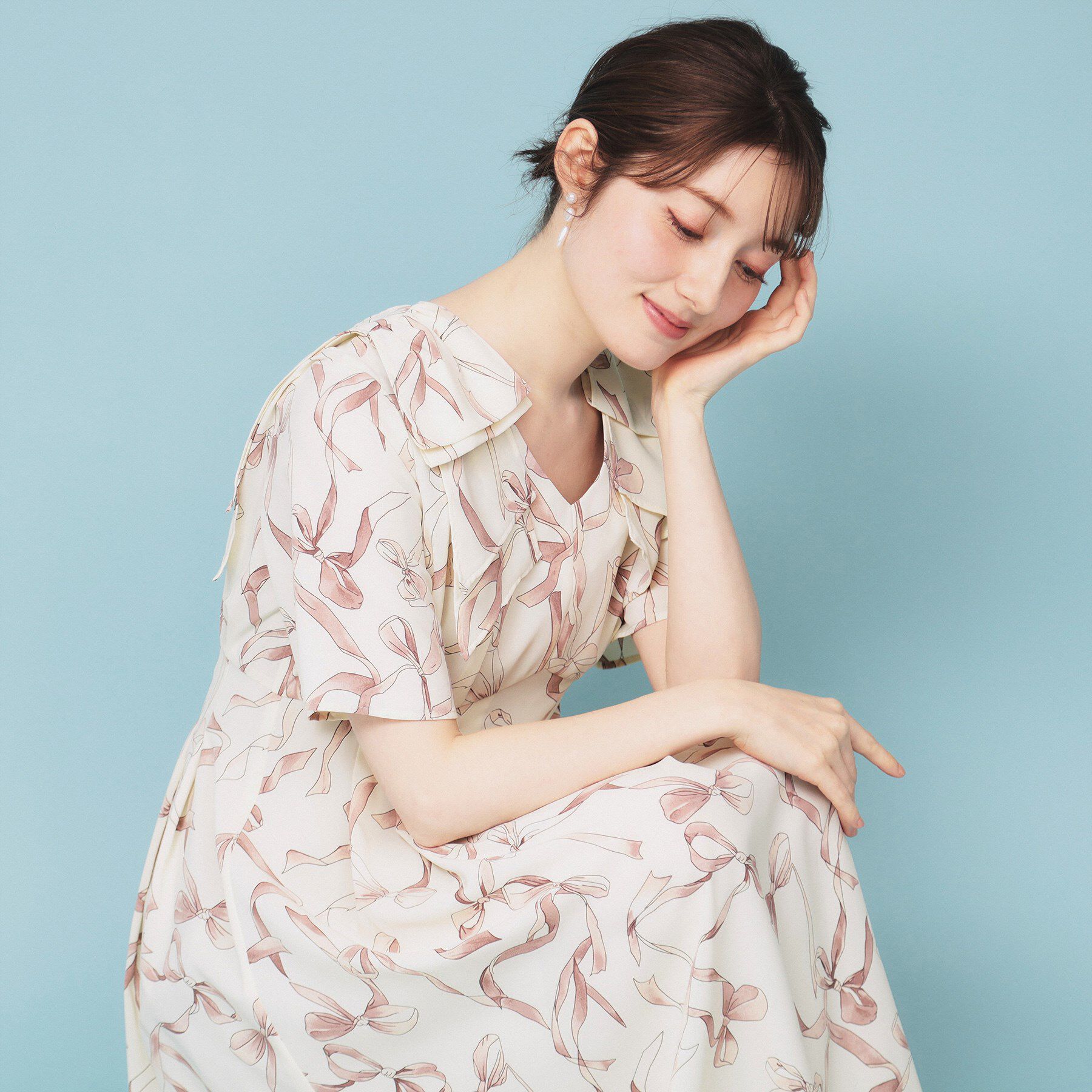 index「《美人百花掲載》リボン柄タックスリーブワンピース【洗濯機洗い可/イージーアイロン】」|ワンピース|アイボリー(104)