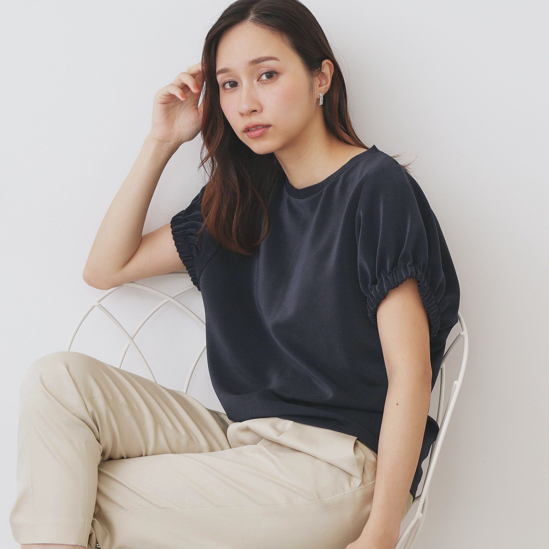 index「ドルマンショートトップス【洗濯機洗い可】」|Tシャツ・カットソー|ネイビー(094)