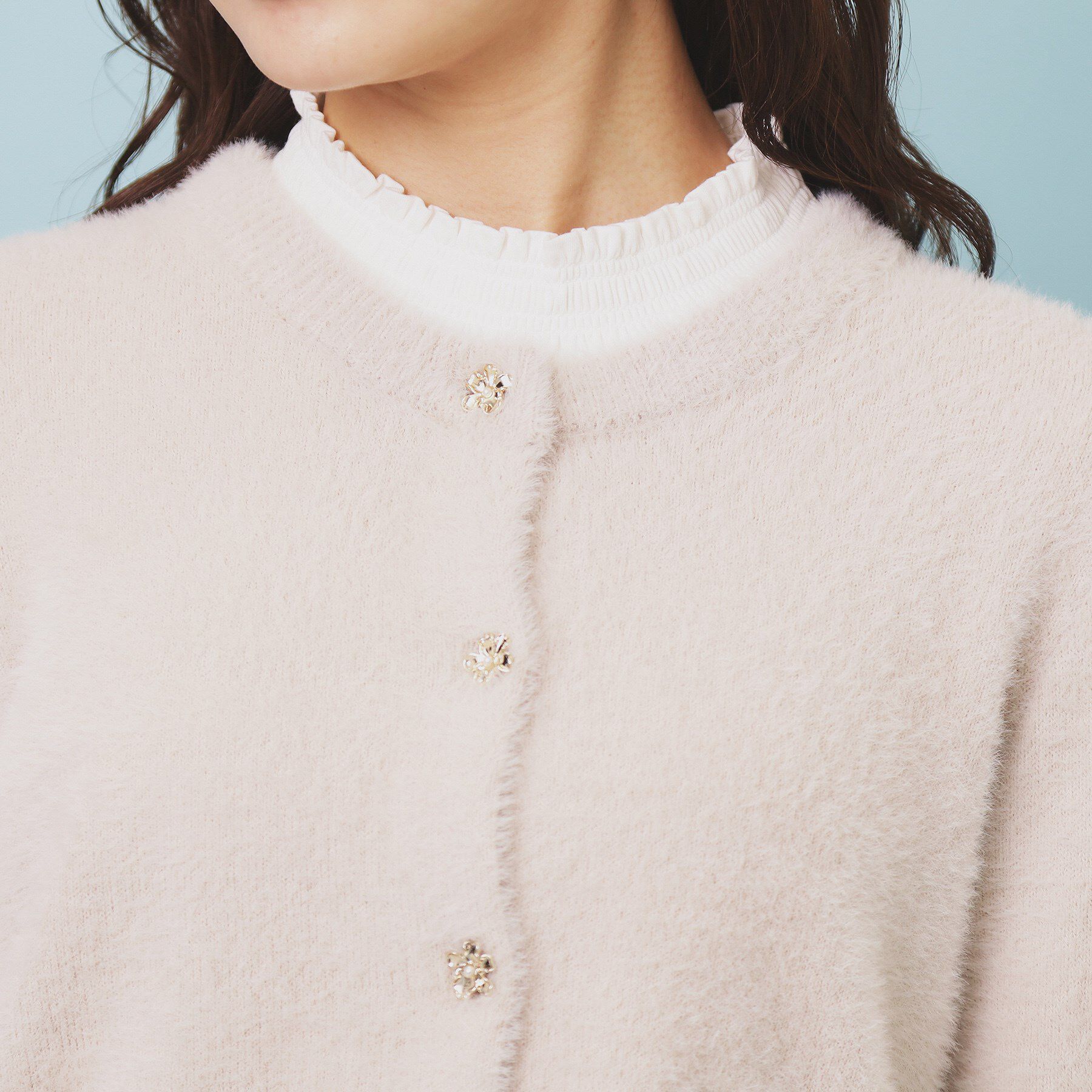 index「フェザーヤーンフラワーボタンカーディガン【洗濯機OK】」|カーディガン|