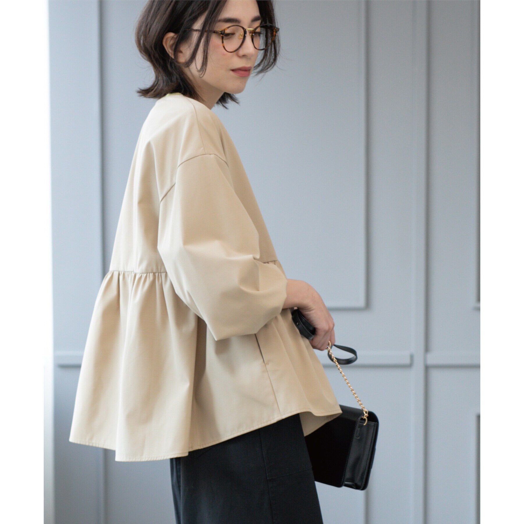 OPAQUE.CLIP「撥水ノーカラーペプラムブルゾン【洗濯機洗い可/花粉対応】」|ノーカラージャケット|