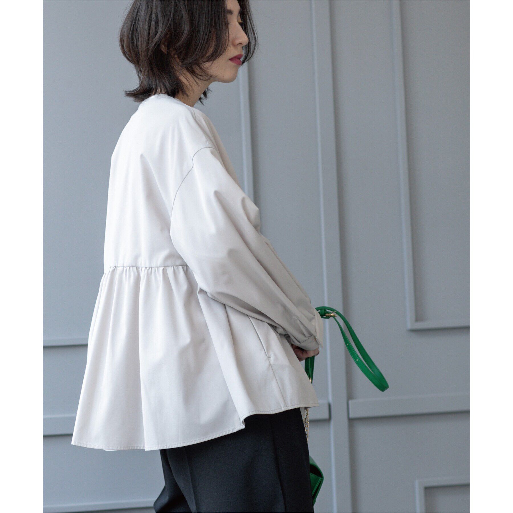 OPAQUE.CLIP「撥水ノーカラーペプラムブルゾン【洗濯機洗い可/花粉対応】」|ノーカラージャケット|