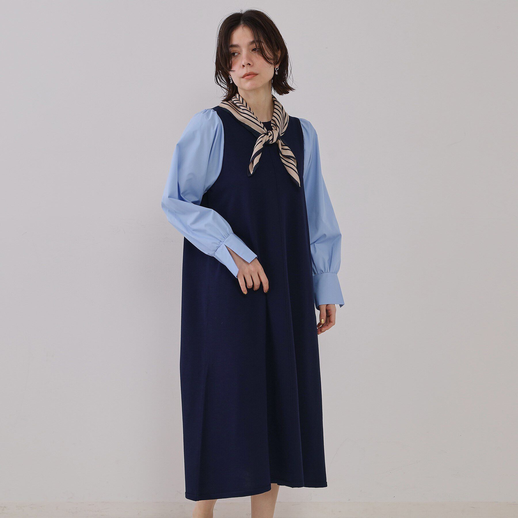 OPAQUE.CLIP「フハクスリーブニットワンピース【洗える】」|ワンピース|ネイビー(594)