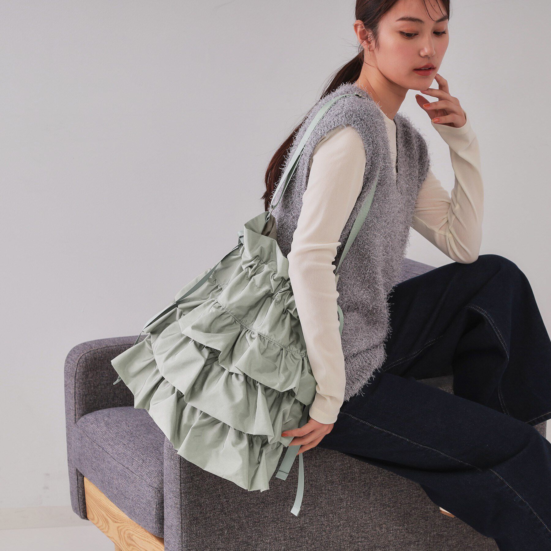 OPAQUE.CLIP「【長さ調整可能】ドロストリボンフリルティアードショルダーバッグ」|ショルダー・メッセンジャー|ミントグリーン(02