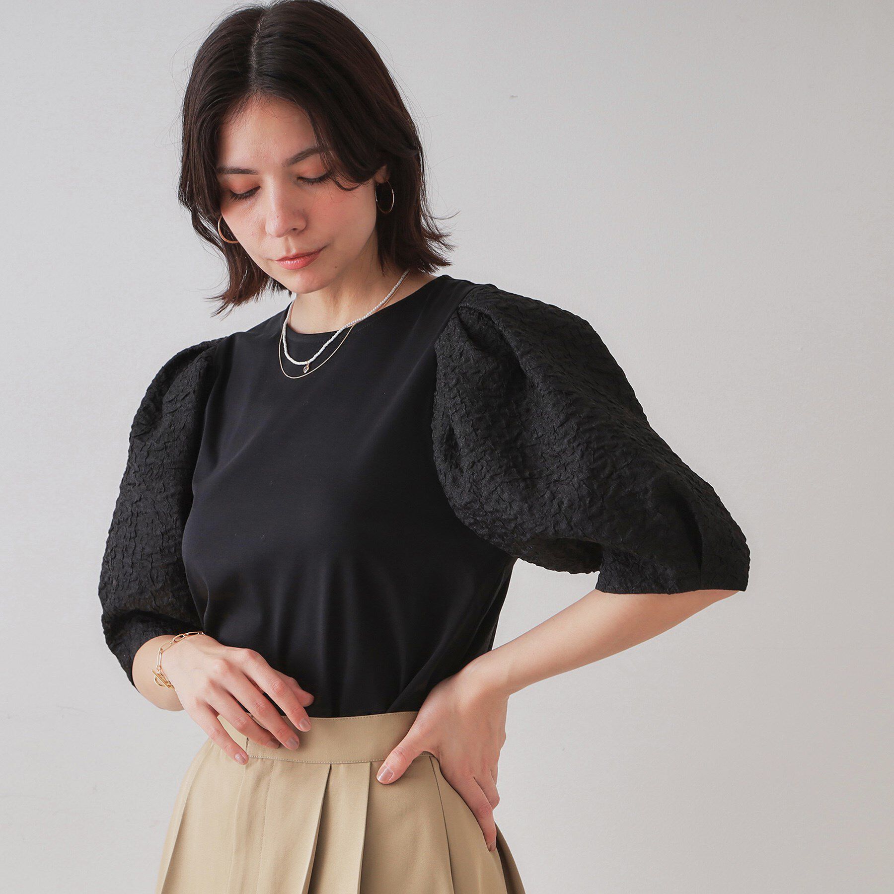 OPAQUE.CLIP「ふくれドッキングスリーブトップス【洗濯機洗い可】」|Tシャツ・カットソー|ブラック(019)