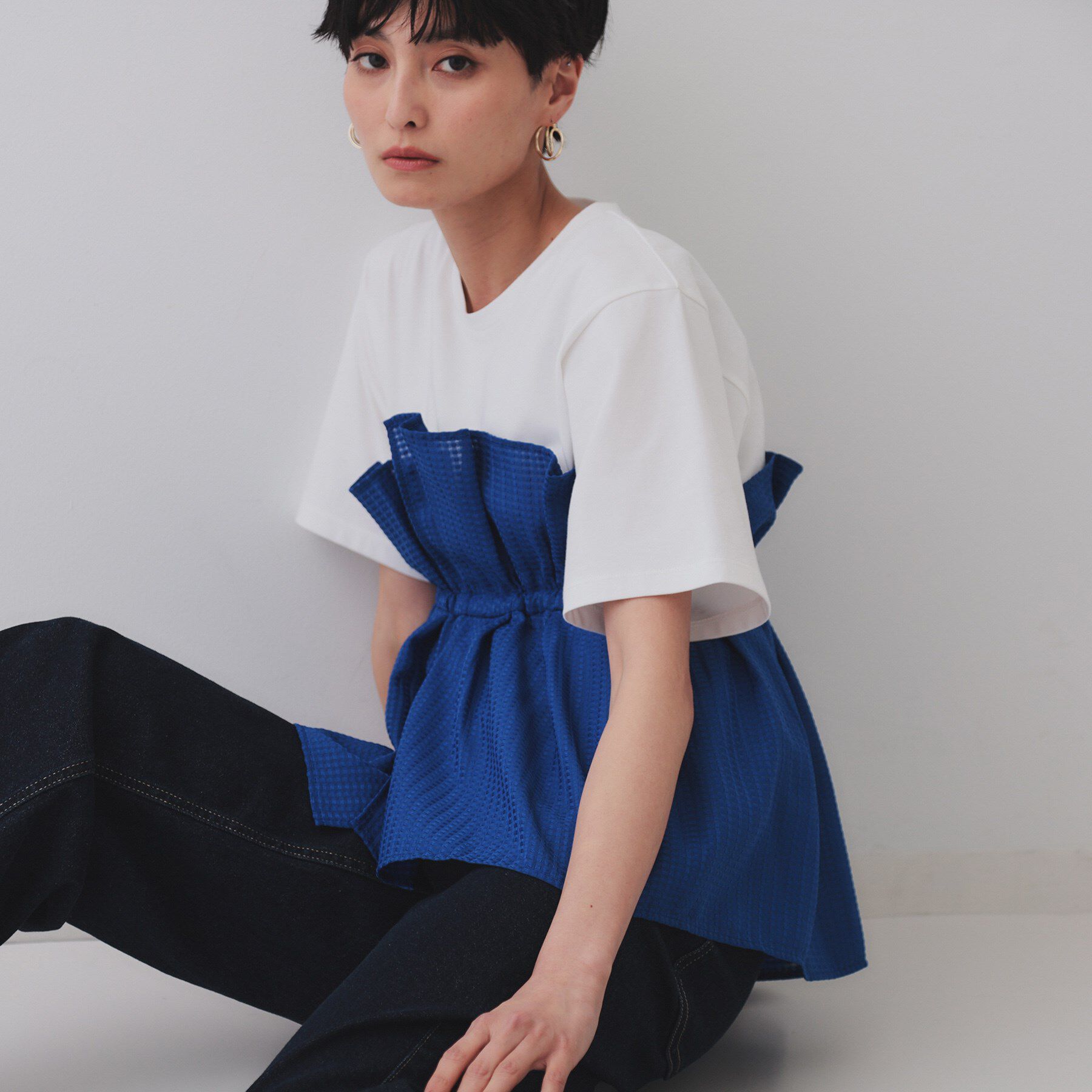 OPAQUE.CLIP「シアーギンガムドッキングペプラムカットソー【洗濯機洗い可】」|Tシャツ・カットソー|ブルー(593)