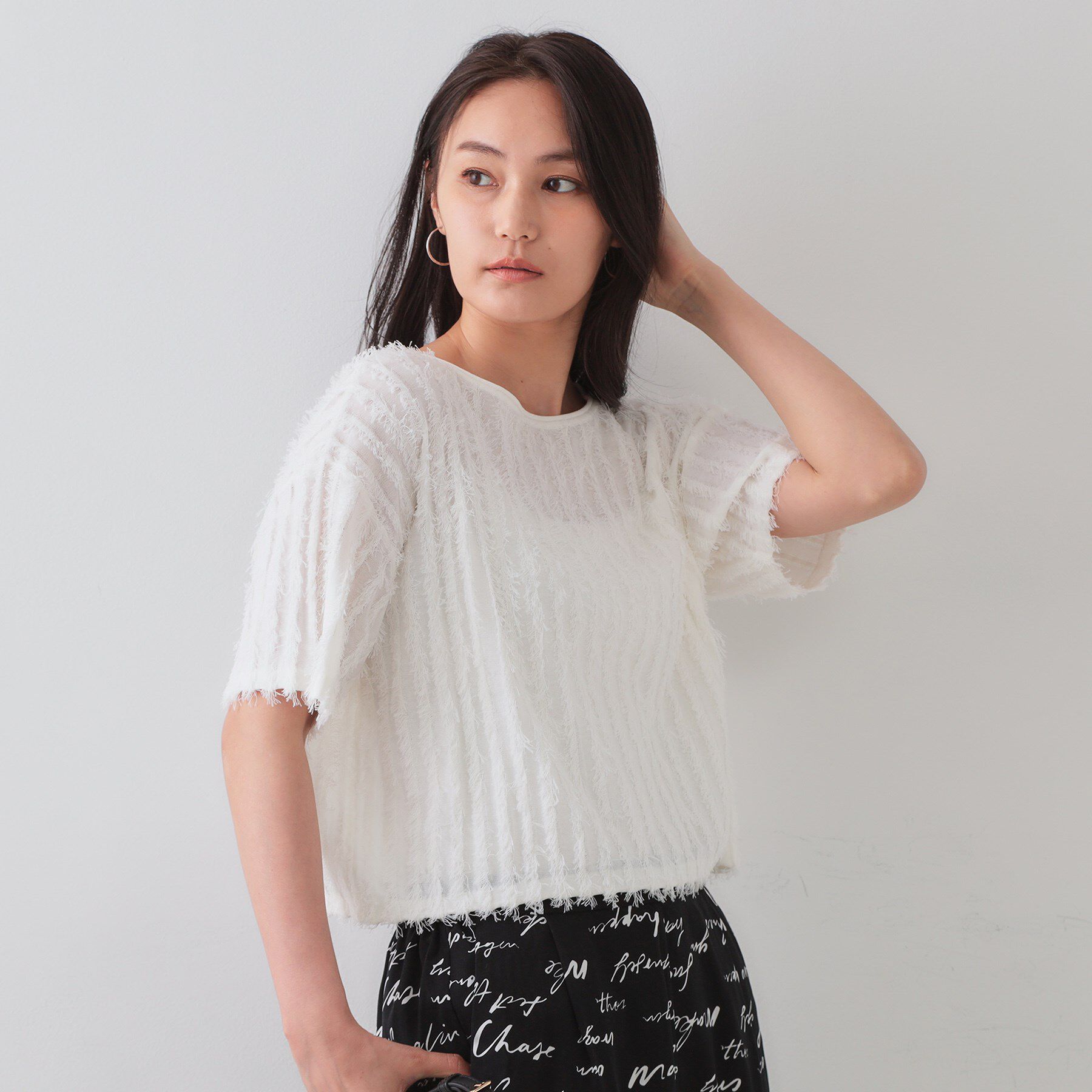 OPAQUE.CLIP「フリンジクロップドニット【洗濯機洗い可/抗ピル】」|ニット・セーター|ホワイト(001)