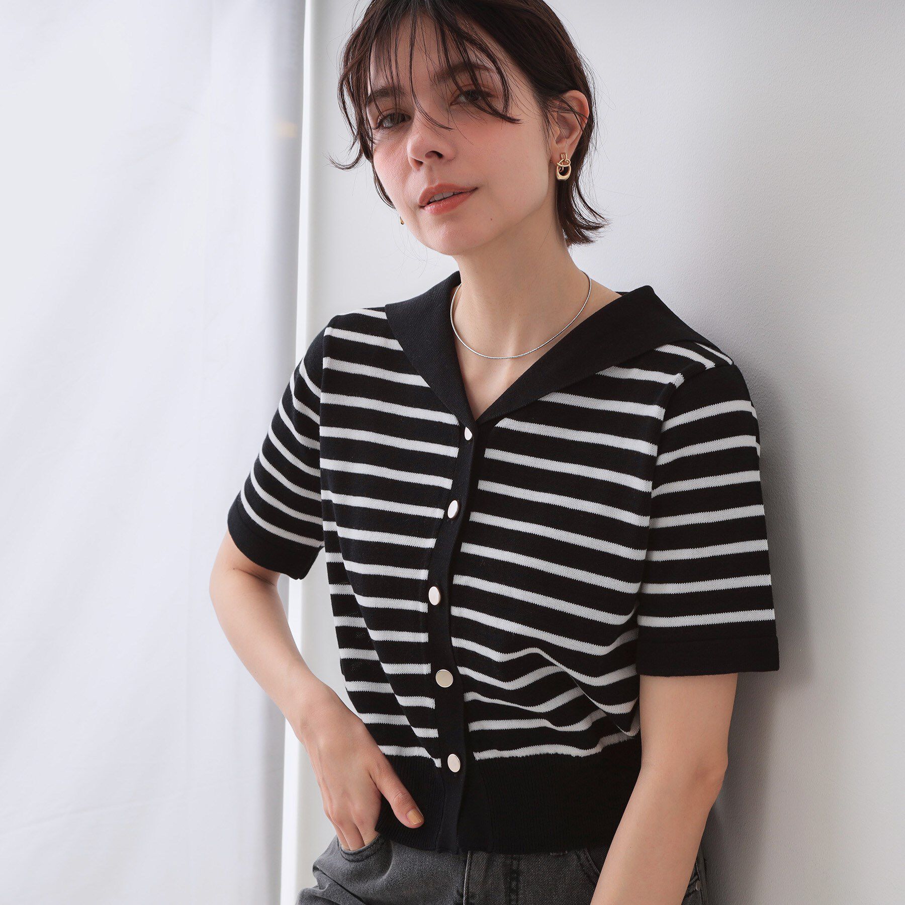 OPAQUE.CLIP「セーラーカラーボーダーニット【洗濯機洗い可】」|ニット・セーター|ブラック(319)