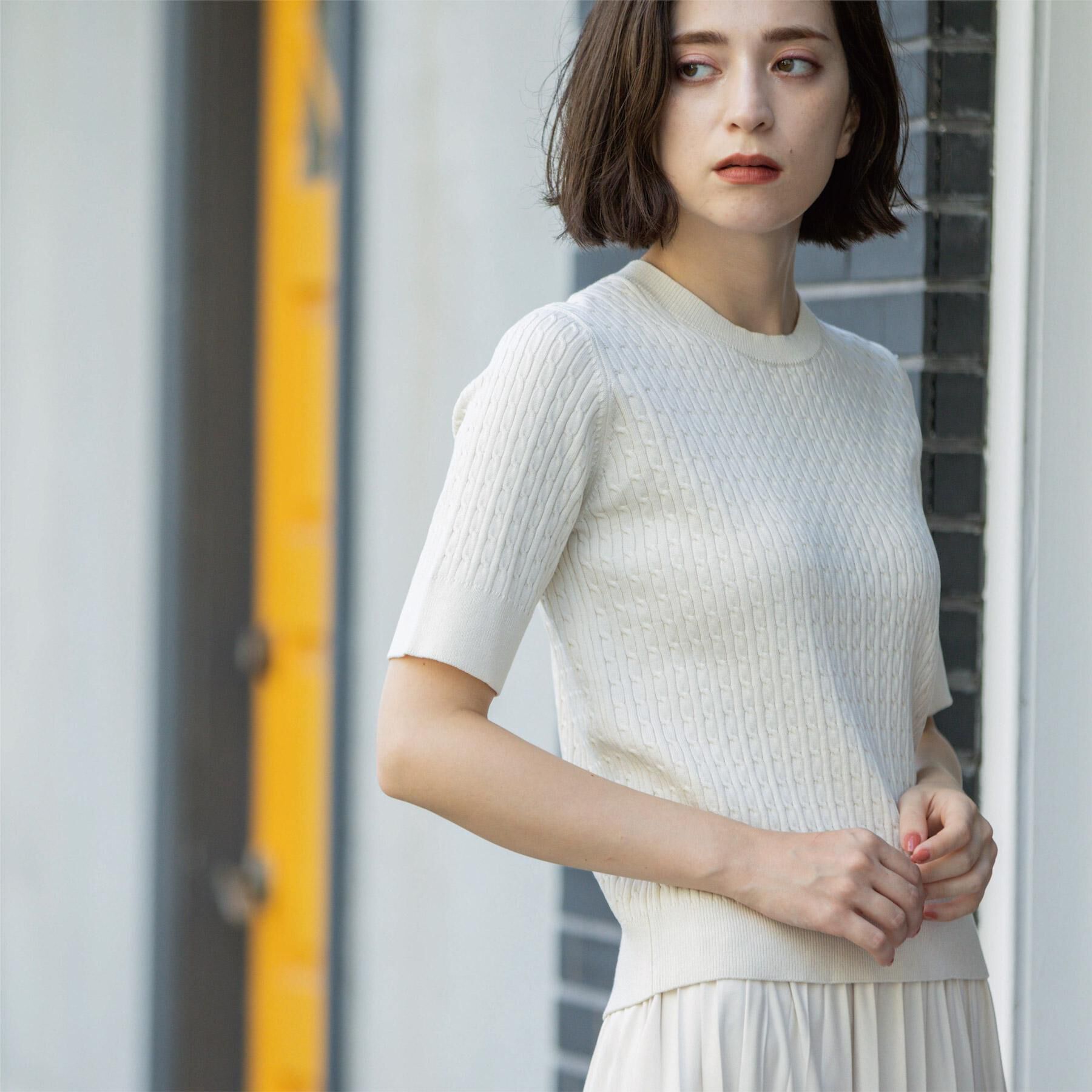 OPAQUE.CLIP「ケーブルハーフスリーブニット【UVケア/洗濯機OK】《6col/S～LL》」|ニット・セーター|アイボリー(004)