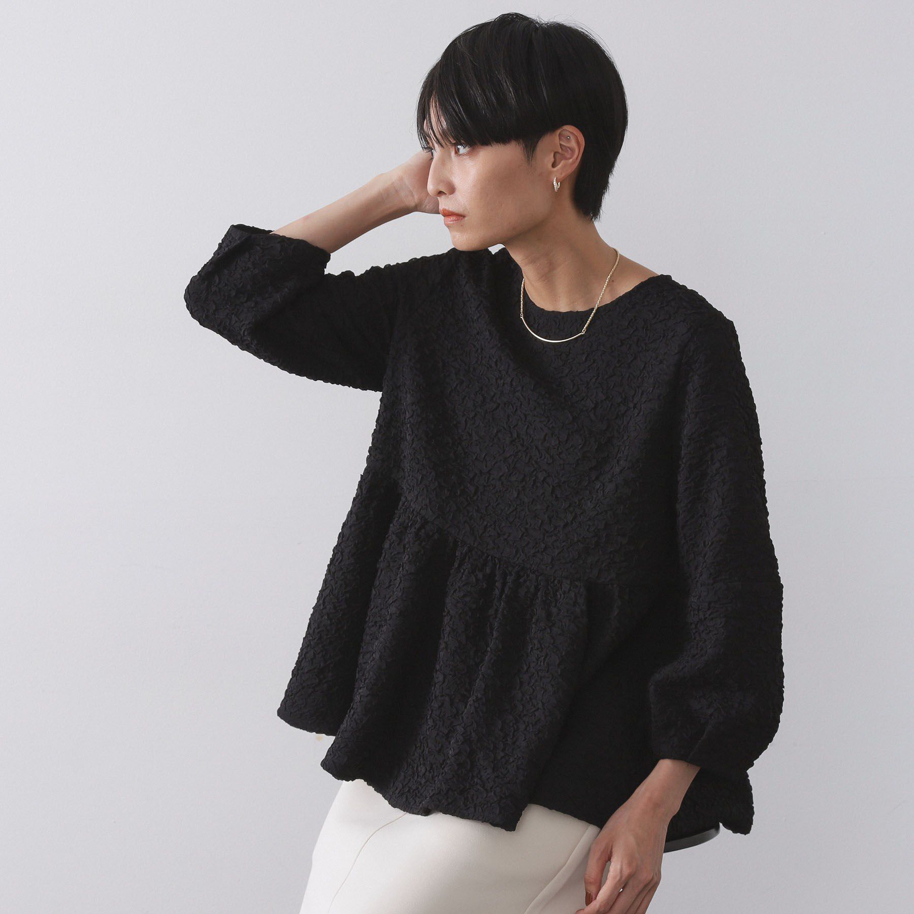 OPAQUE.CLIP「ふくれジャカードペプラムブラウス【洗濯機OK】」|シャツ・ブラウス|ブラック(019)