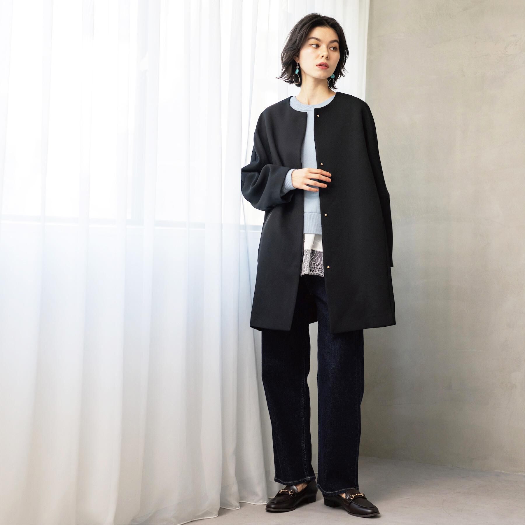 OPAQUE.CLIP「フォルムスリーブミドルコート【洗濯機OK】」|ノーカラーコート|