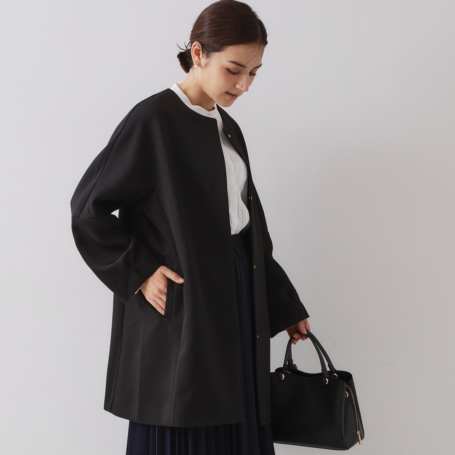 OPAQUE.CLIP「フォルムスリーブミドルコート【洗濯機OK】」|ノーカラーコート|