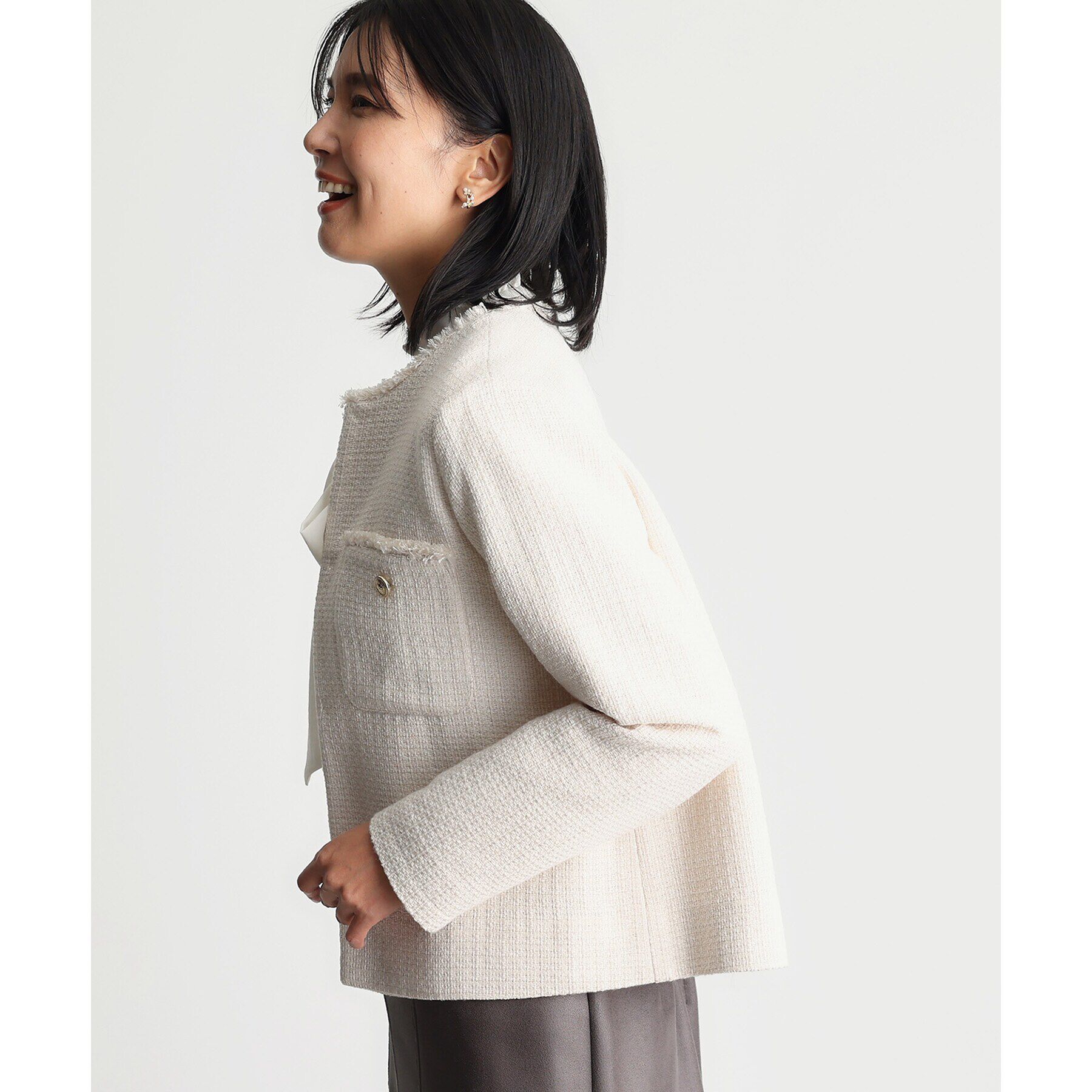 THE SHOP TK「【ONOFF活躍/セレモニー/通勤】ツイードノーカラージャケット/洗える」|ノーカラージャケット|