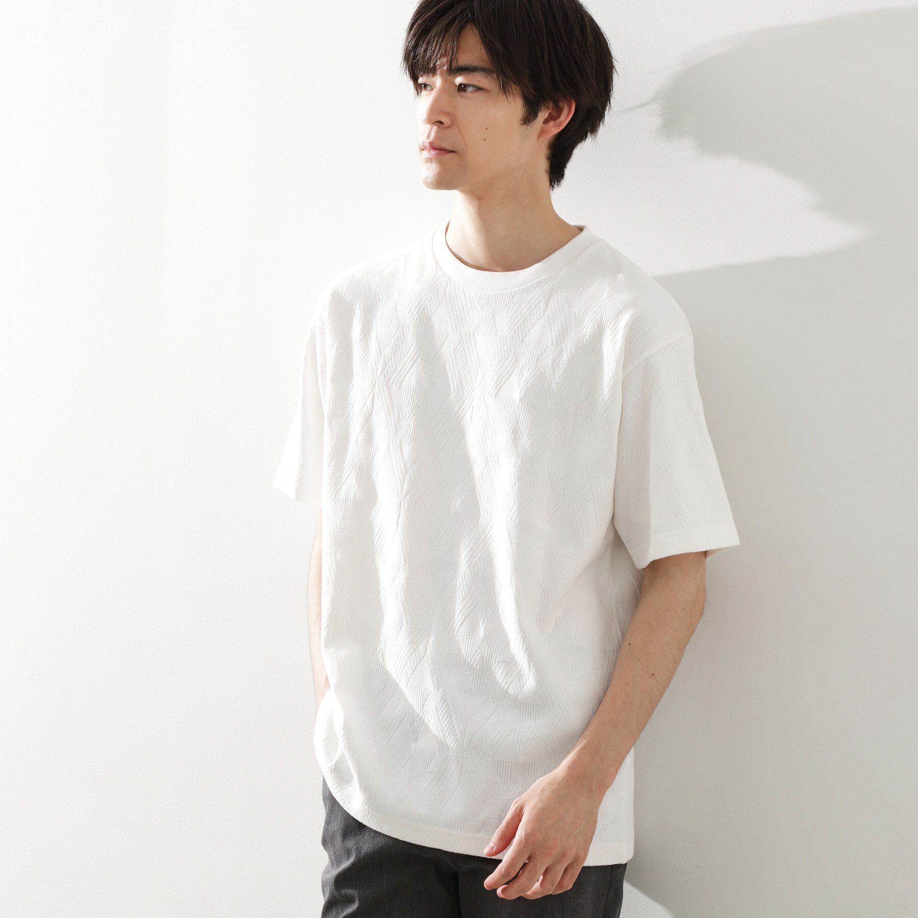 THE SHOP TK「パターンジャカード半袖Tシャツ【洗濯機OK】」|Tシャツ・カットソー|オフホワイト(003