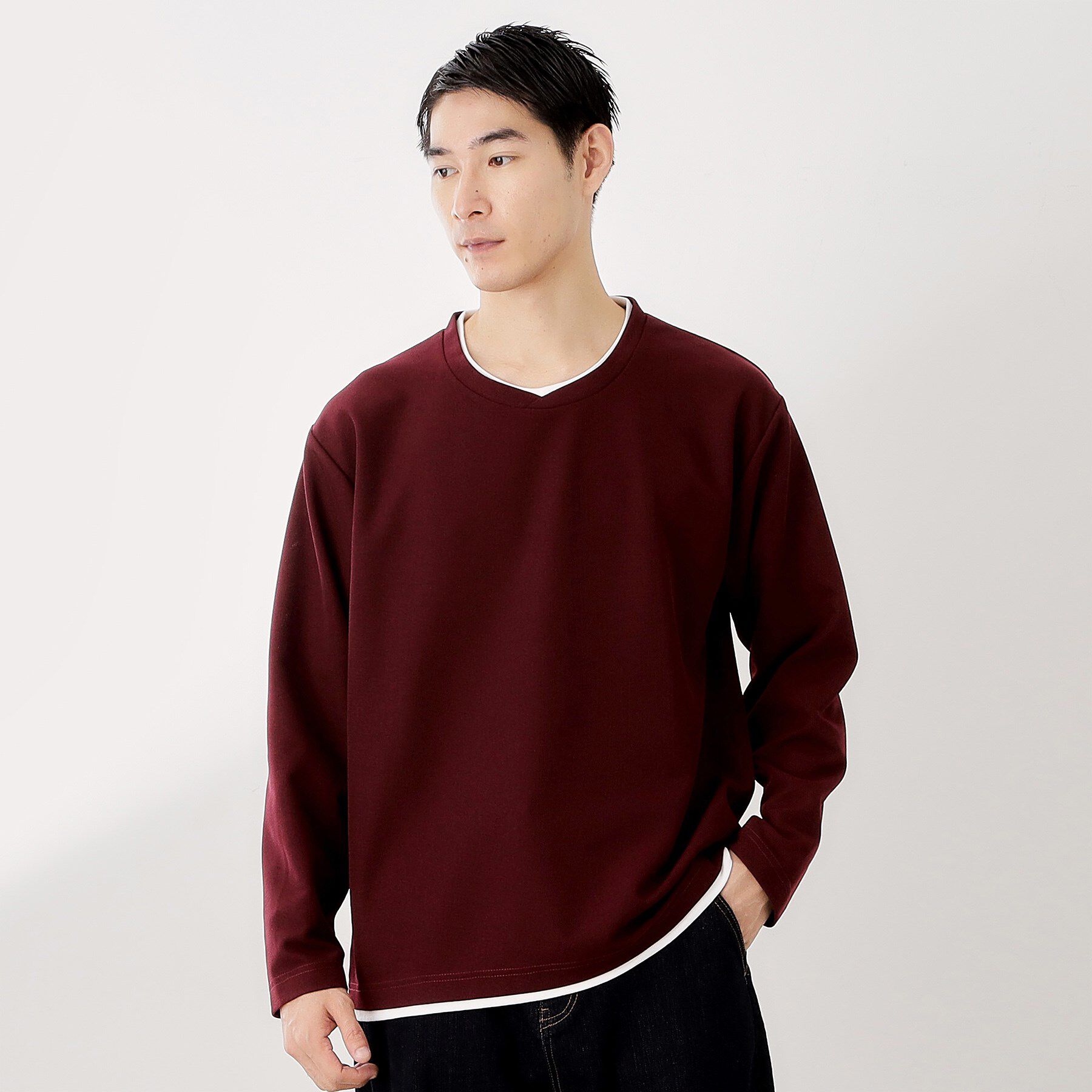 THE SHOP TK「【一枚でコーディネートが完成！】レイヤード風クルーネック長袖Tシャツ　洗濯機OK」|Tシャツ・カットソー|ボルドー(064)