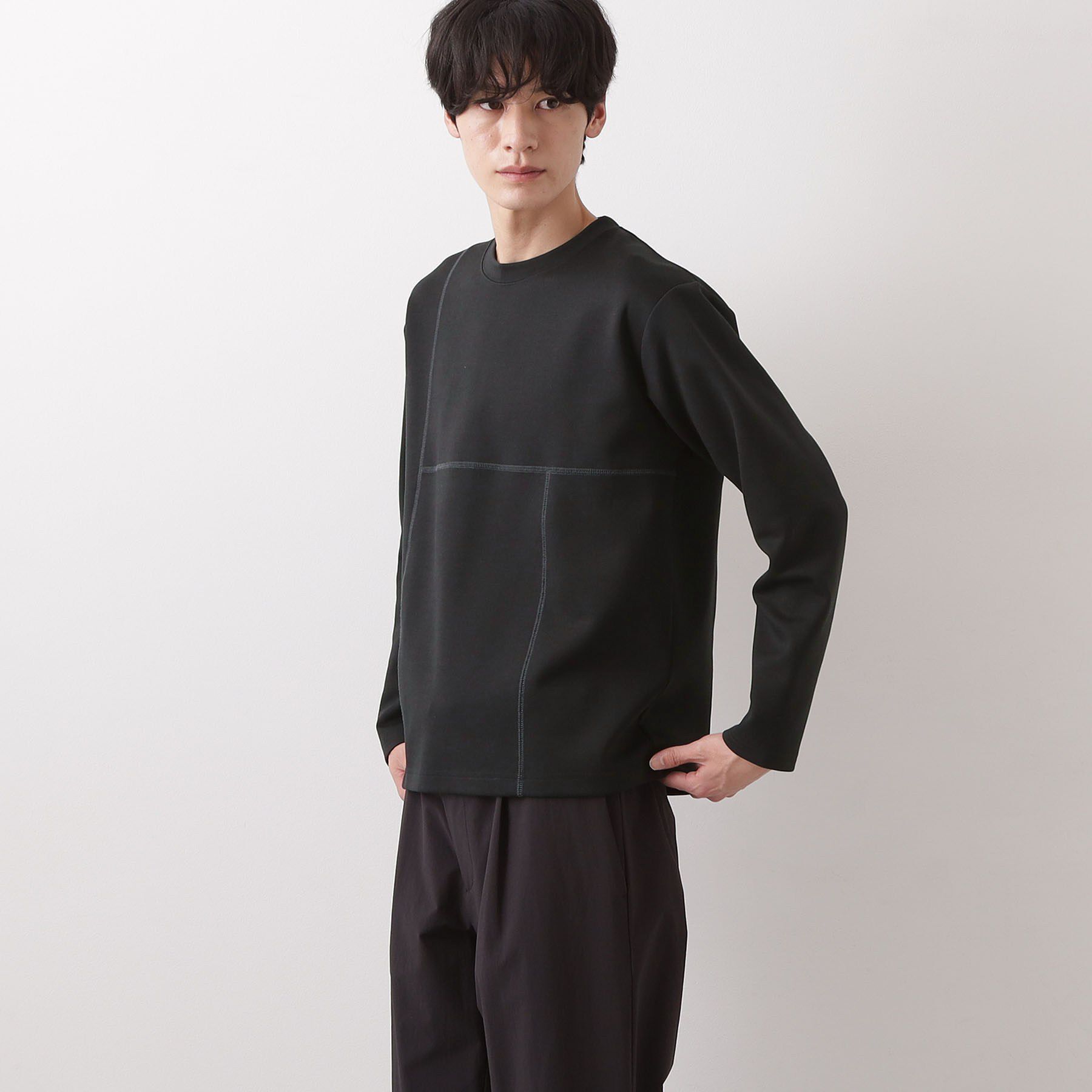 THE SHOP TK「ダンボール ステッチ切替デザイン 長袖Tシャツ 洗濯機OK」|Tシャツ・カットソー|ブラック(019)