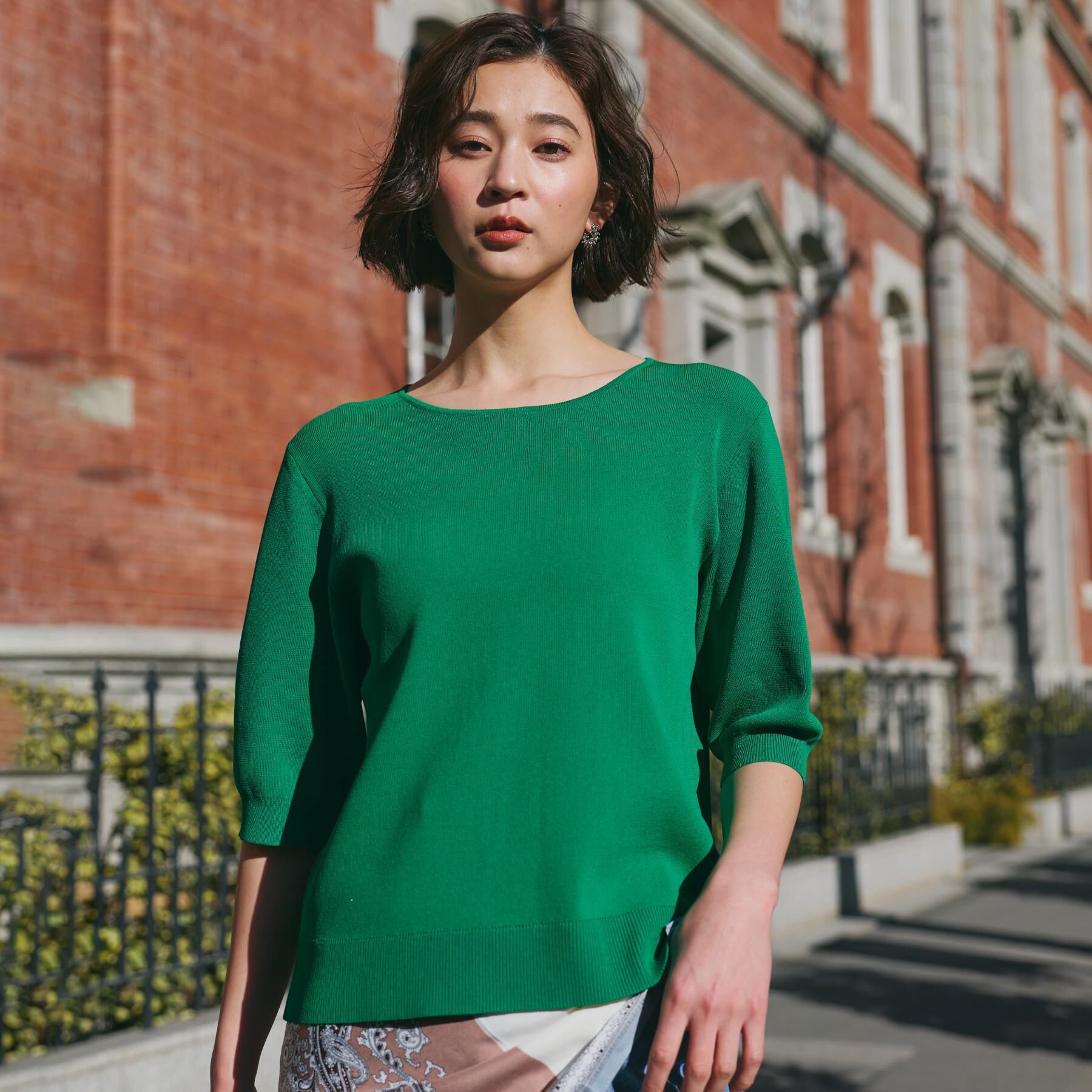 THE SHOP TK「【S-XL/ひんやりタッチ】美しさ際立つ 6分袖ニット 洗濯機OK/UVケア/毛玉になりにくい」|ニット・セーター|