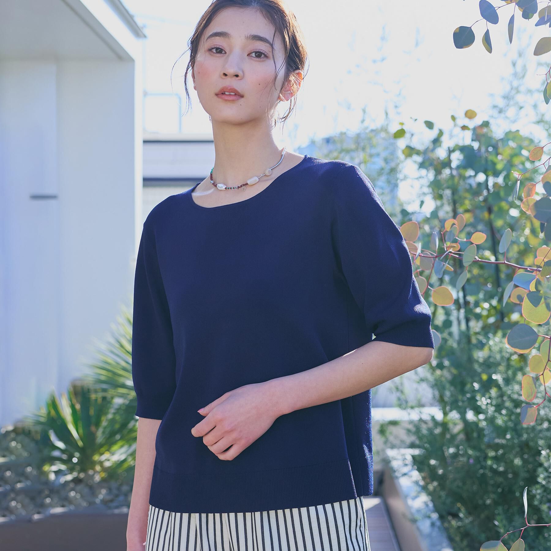 THE SHOP TK「【S-XL/ひんやりタッチ】美しさ際立つ 6分袖ニット 洗濯機OK/UVケア/毛玉になりにくい」|ニット・セーター|ネイビー(994)