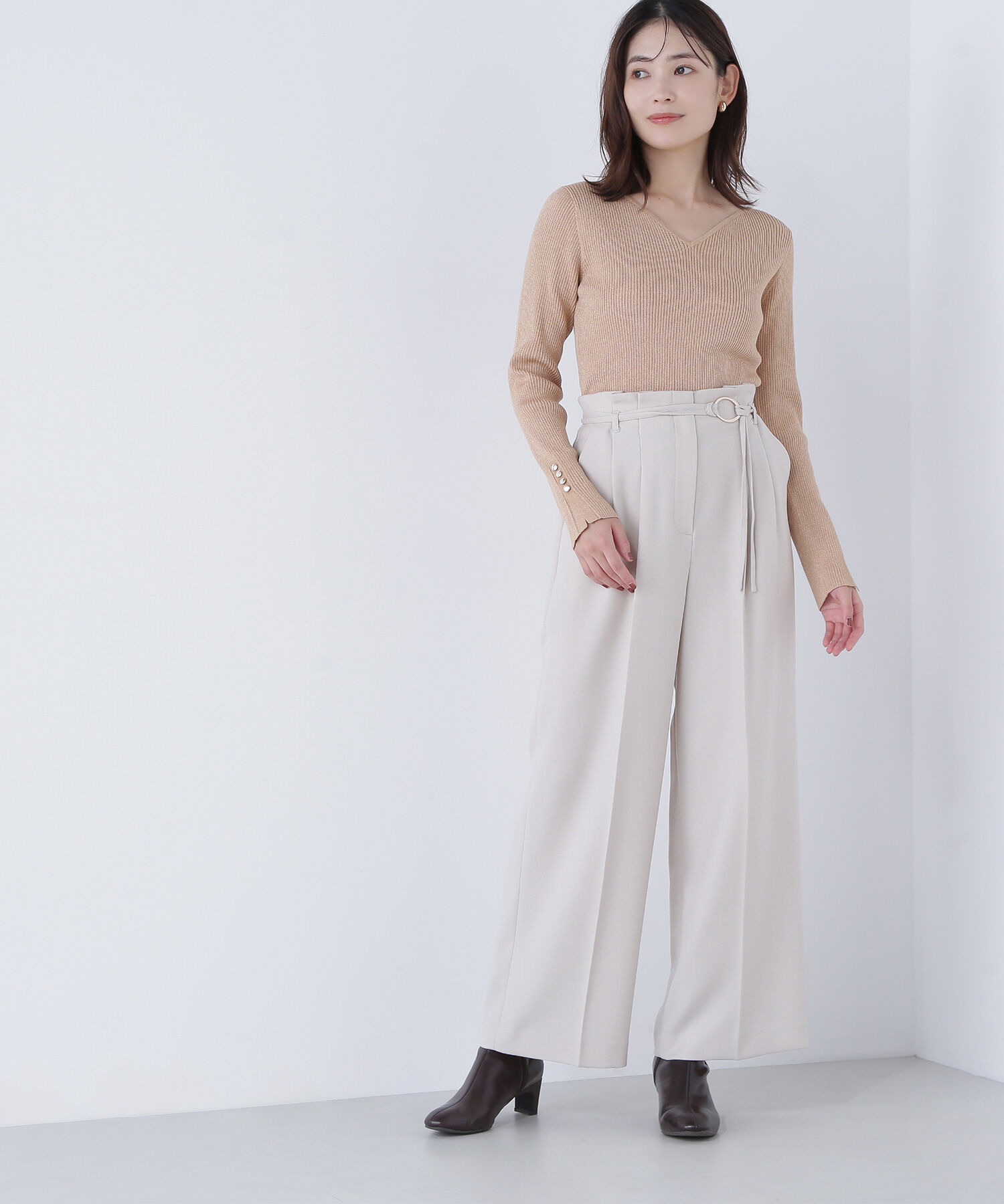  「ダブルベルトワイドパンツII」|その他|オフベージュ