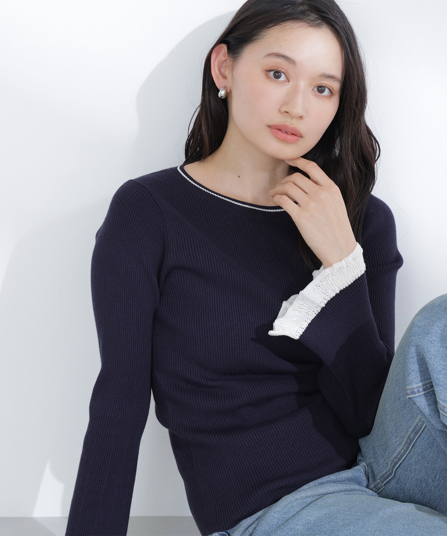  「レーシーカフスリブニット」|ニット・セーター|ネイビー系2