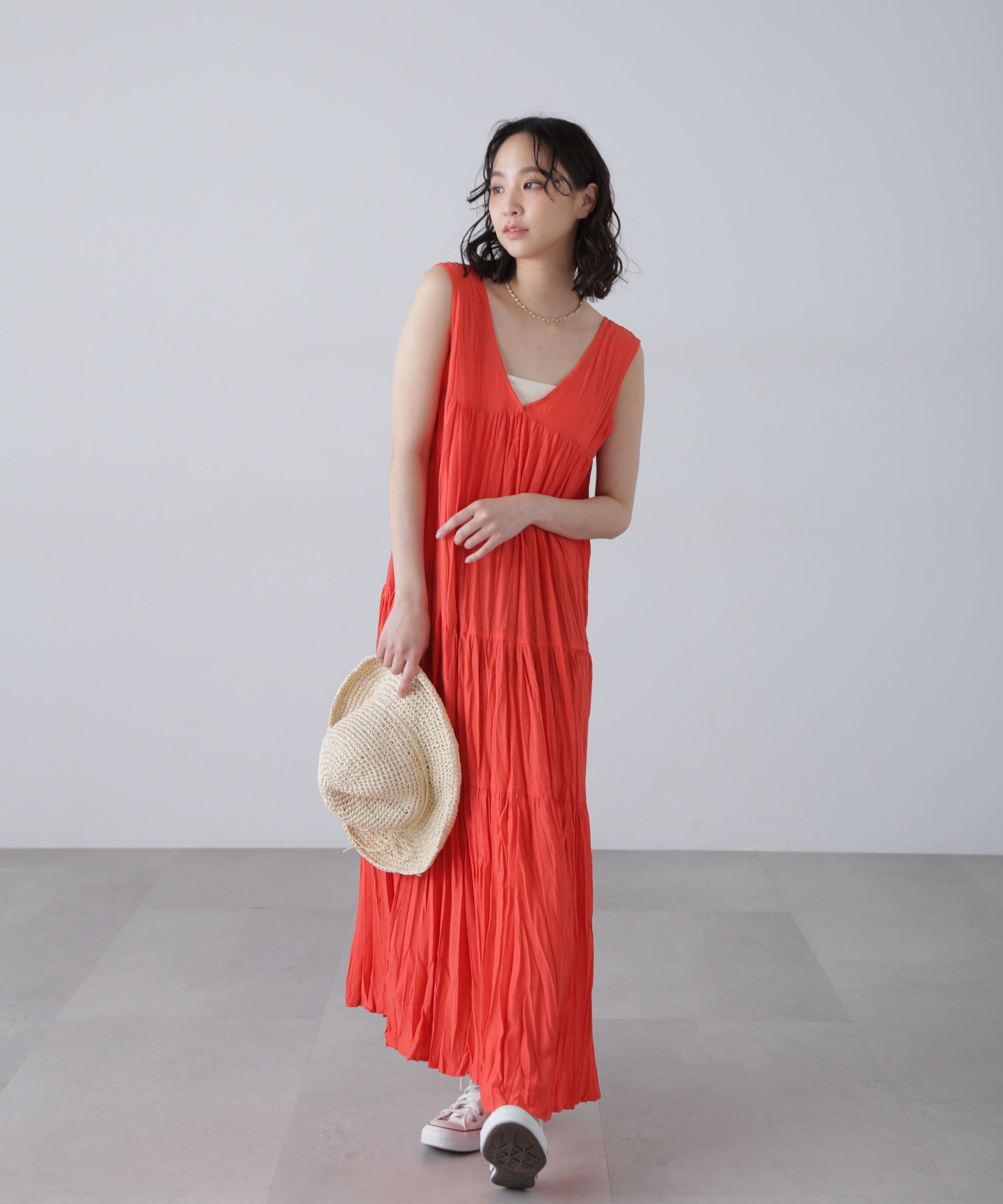  「ワッシャーティアードノースリーブワンピース」|ワンピース|レッド