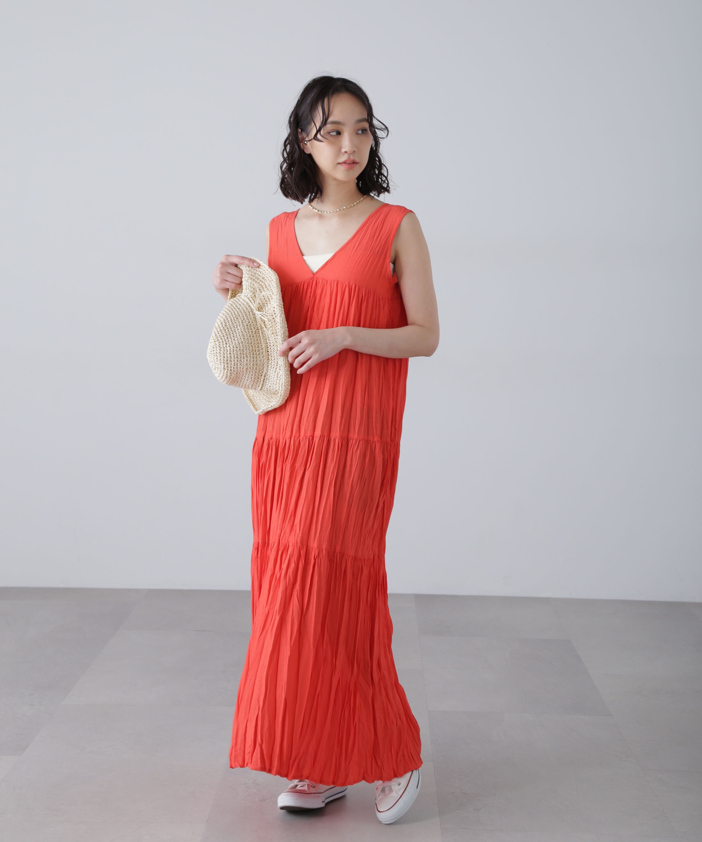  「ワッシャーティアードノースリーブワンピース」|ワンピース|