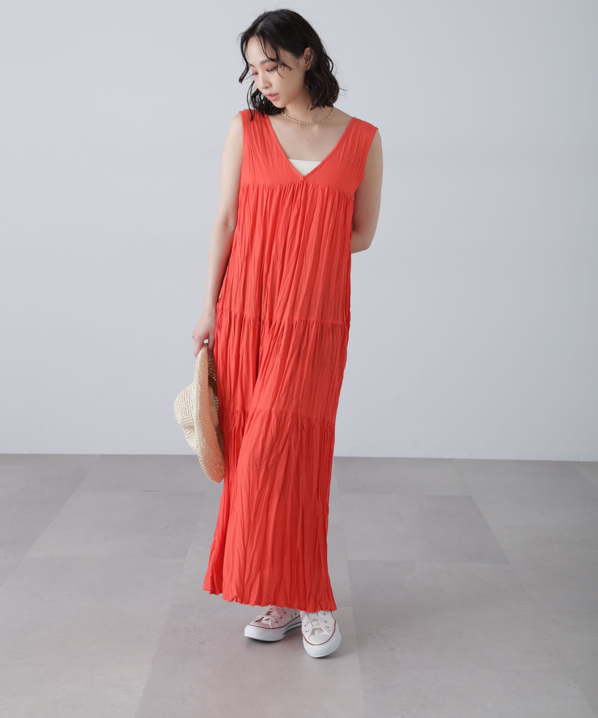  「ワッシャーティアードノースリーブワンピース」|ワンピース|