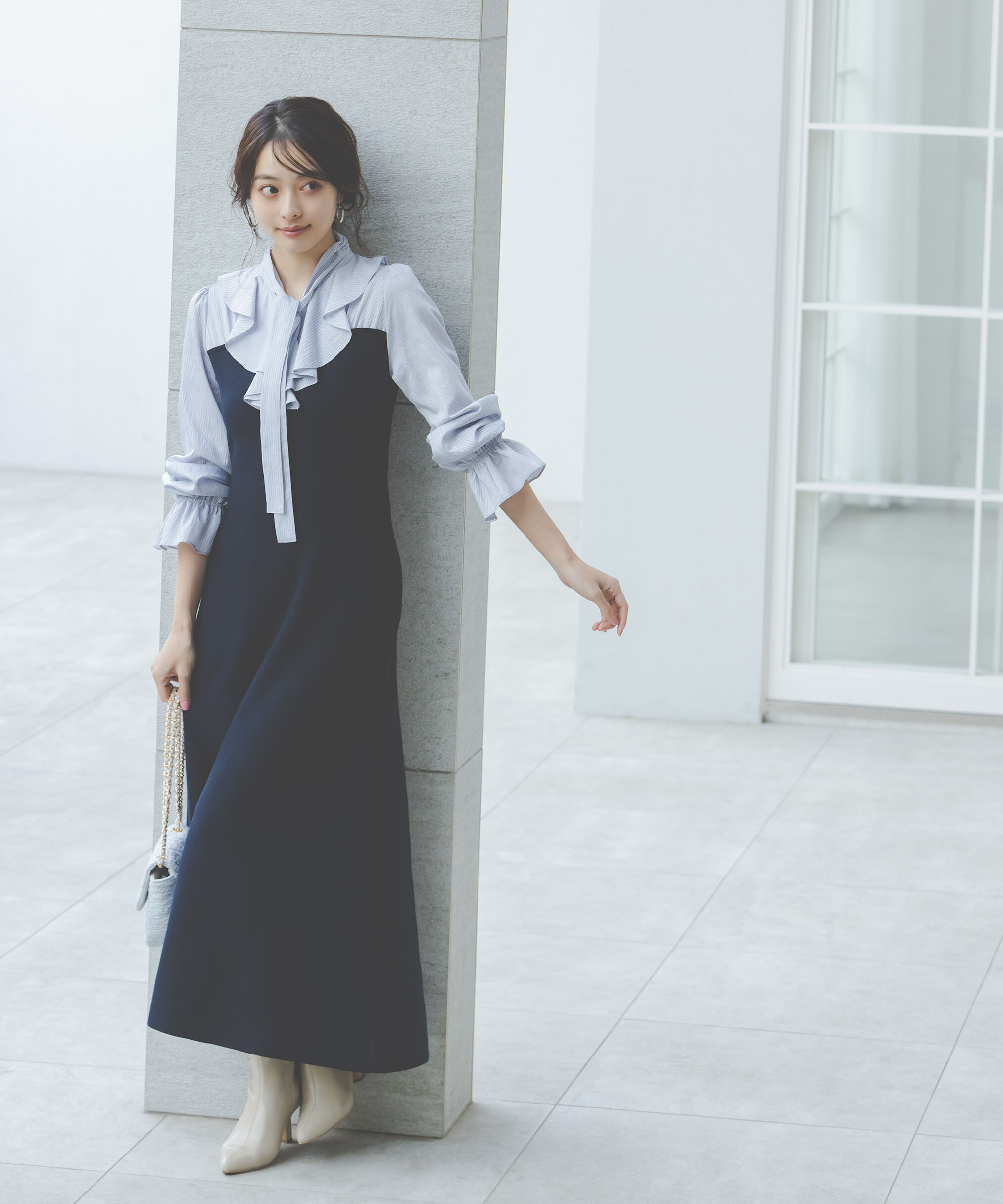 PROPORTION BODY DRESSING「《EDIT COLOGNE》ラッフルタイドッキングワンピース　26SS」|ワンピース|ブルー&times;ネイビ