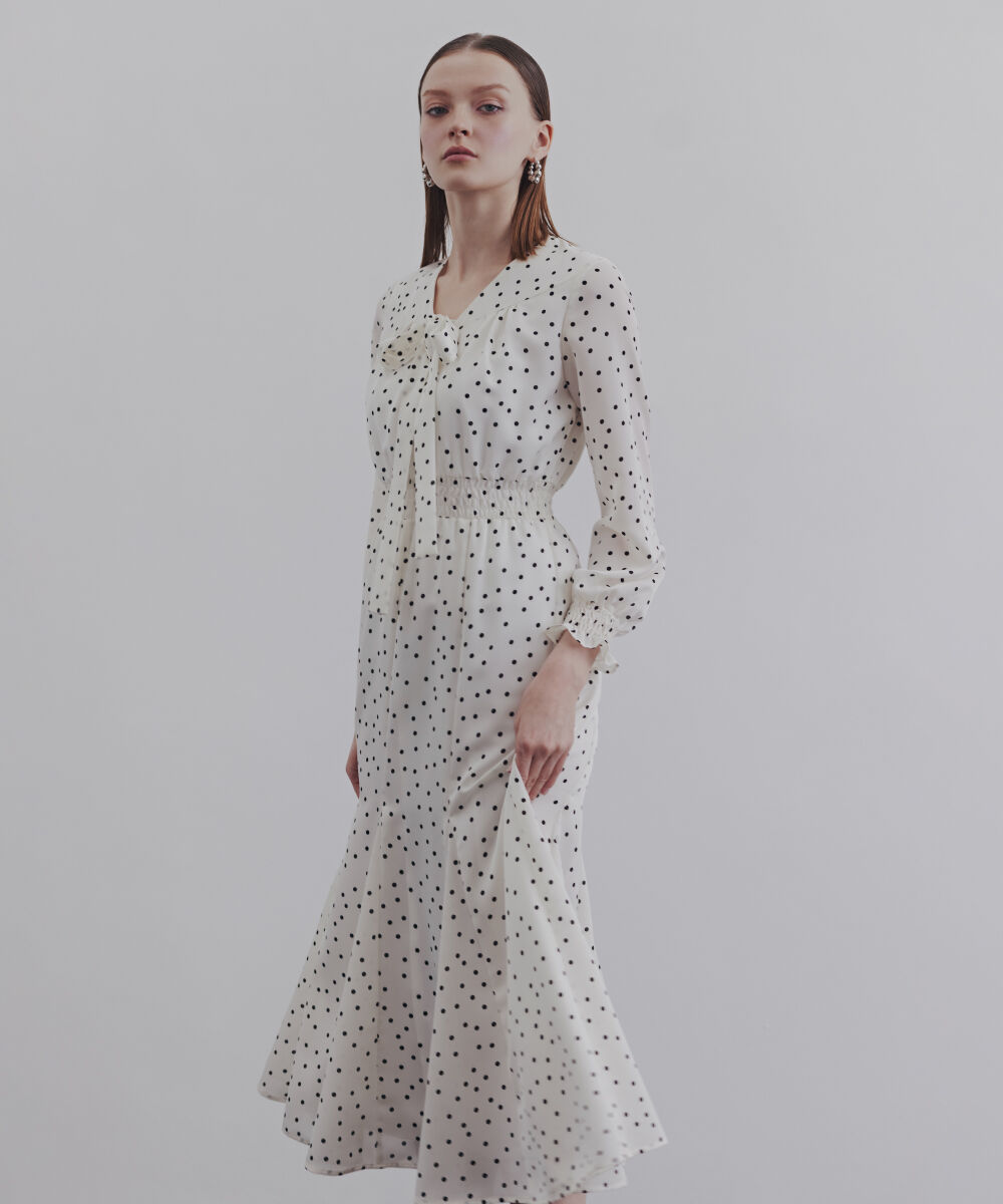  「ドットプリントリボンワンピース」|ワンピース|ホワイト系1