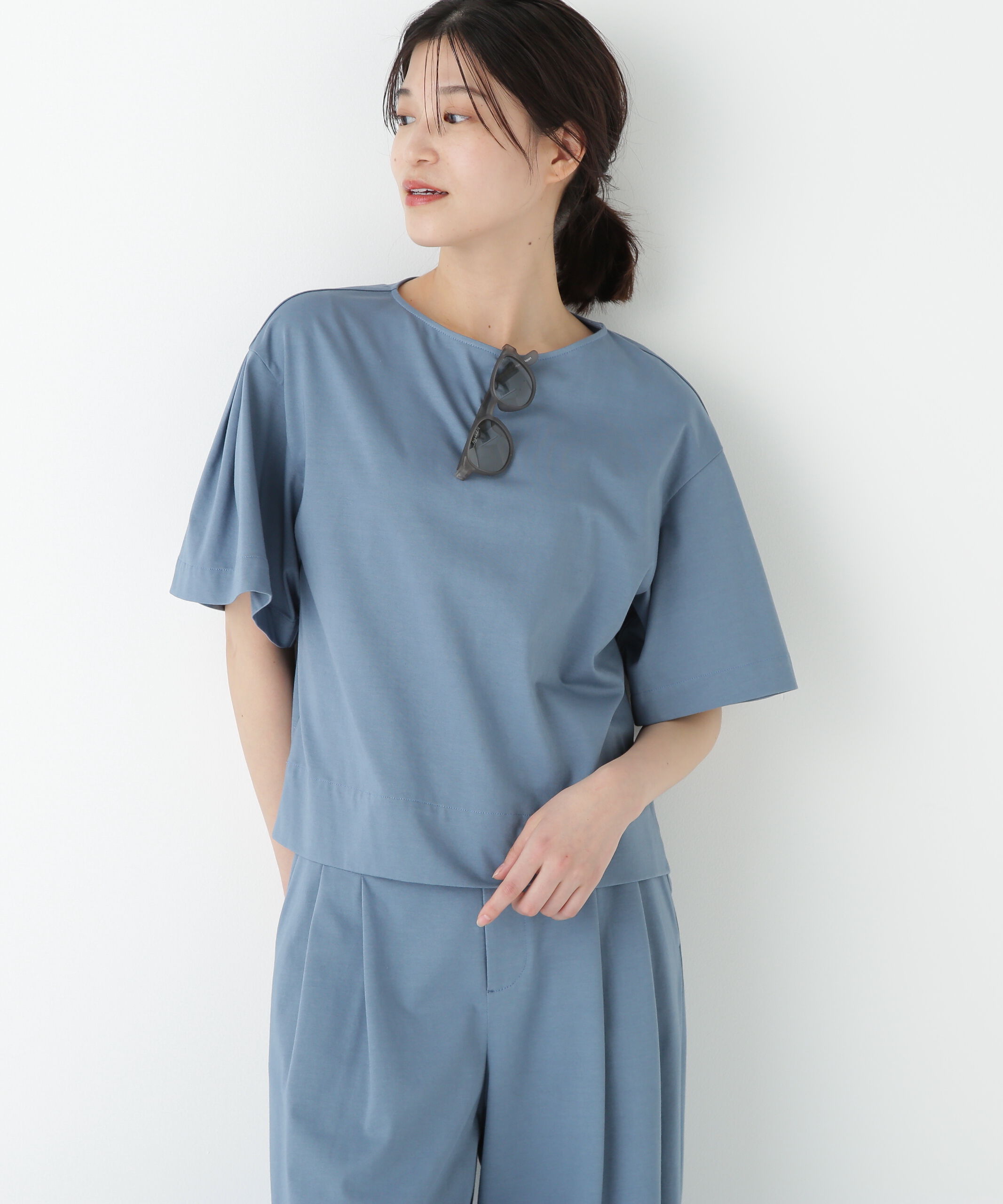  「◆プレーティング天竺タックスリーブボートネックプルオーバー」|Tシャツ・カットソー|ブルー