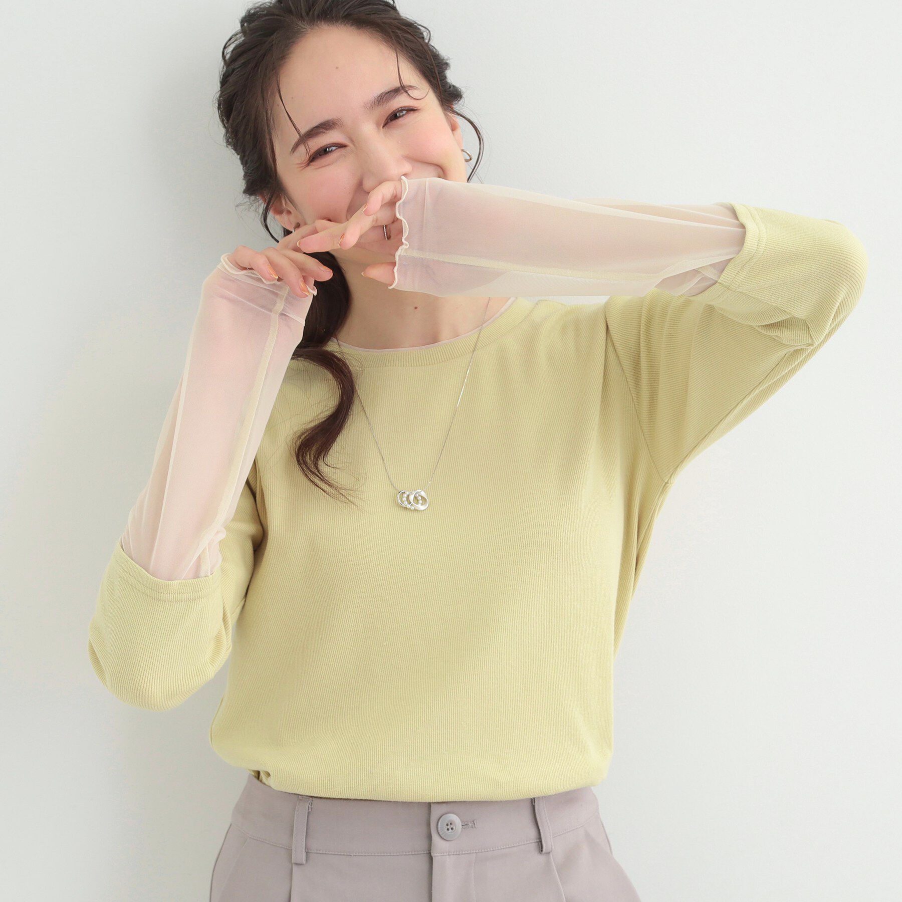 SHOO･LA･RUE「【S-LL】レイヤードスタイルに チュール切替ロンT」|Tシャツ・カットソー|ライトイエロー(03