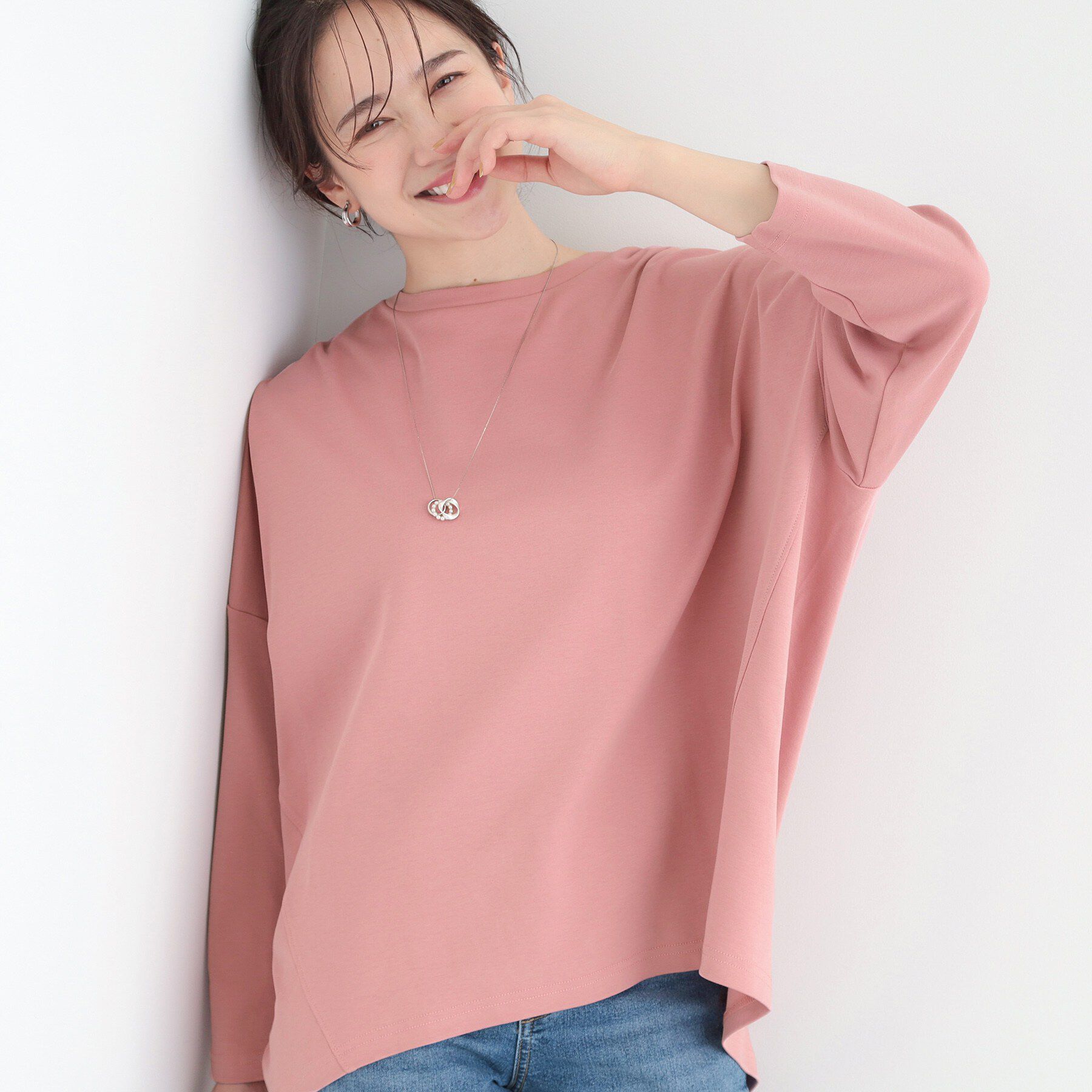 SHOO･LA･RUE「【洗濯機可/UV/綿100％】体型カバーが叶う 七分袖ゆるトップス」|Tシャツ・カットソー|ピンク(073)