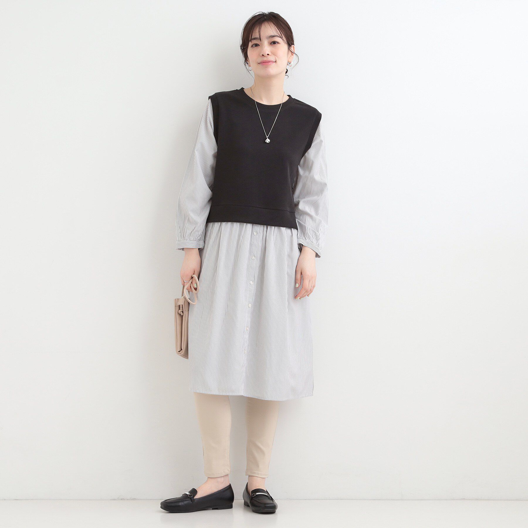 SHOO･LA･RUE「【S-LL/体型カバー】ストライプが爽やか　ベストドッキングシャツワンピース」|ワンピース|