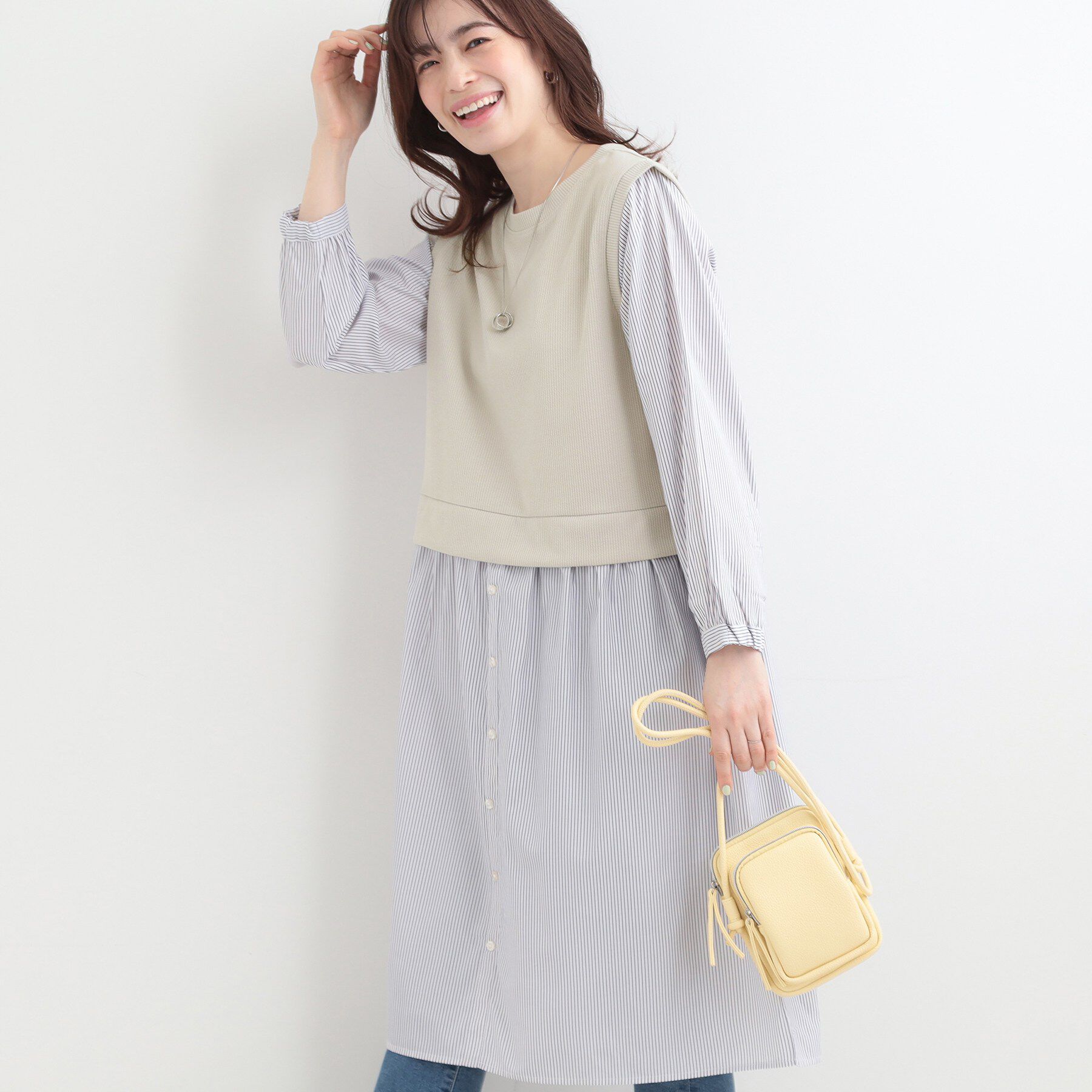 SHOO･LA･RUE「【S-LL/体型カバー】ストライプが爽やか　ベストドッキングシャツワンピース」|ワンピース|グレージュ(550)