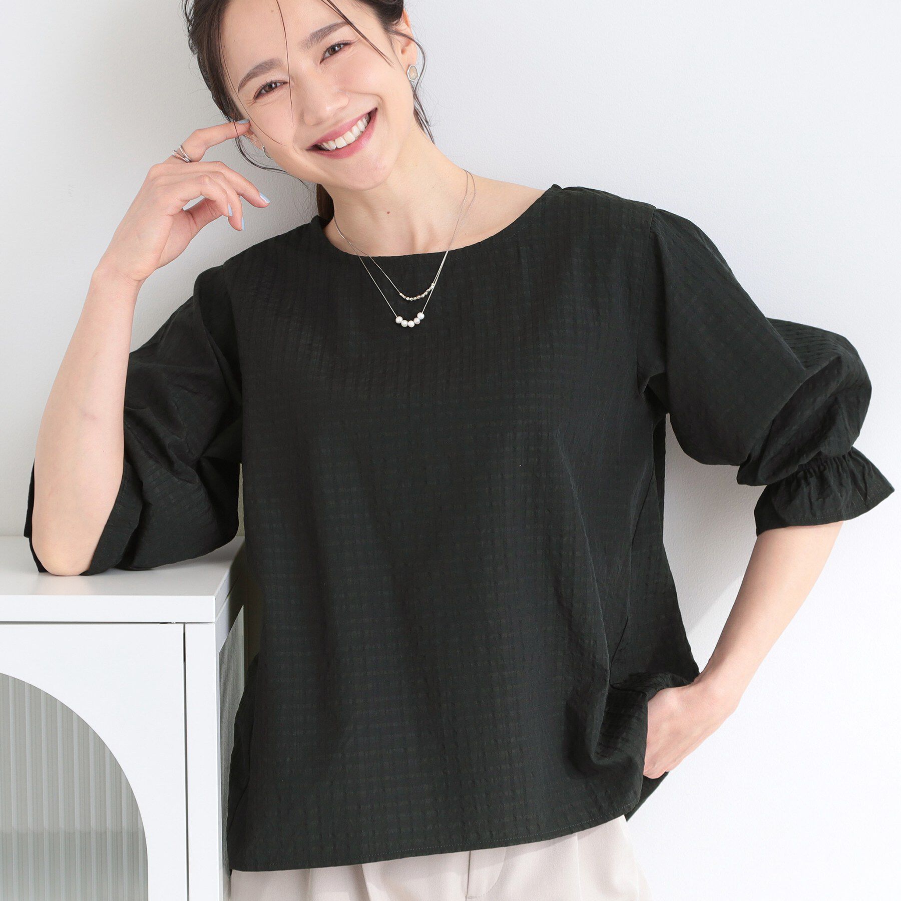 SHOO･LA･RUE「【セットアップ可/S-LL/洗濯機可】二の腕もカバーしてくれる　さらっとした着心地のサッカーチェック」|シャツ・ブラウス|ネイビー(294)