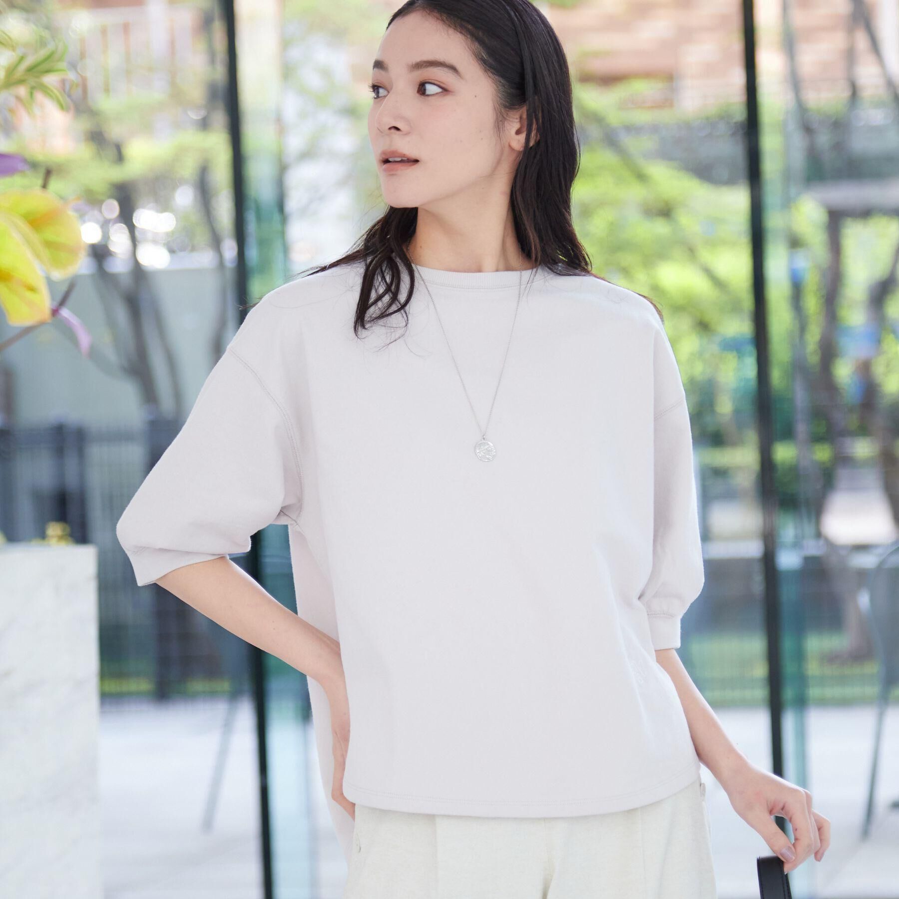 Dessin「【360度可愛い・洗える】バックヘンリーカットソー（5分袖/XS～L）」|Tシャツ・カットソー|