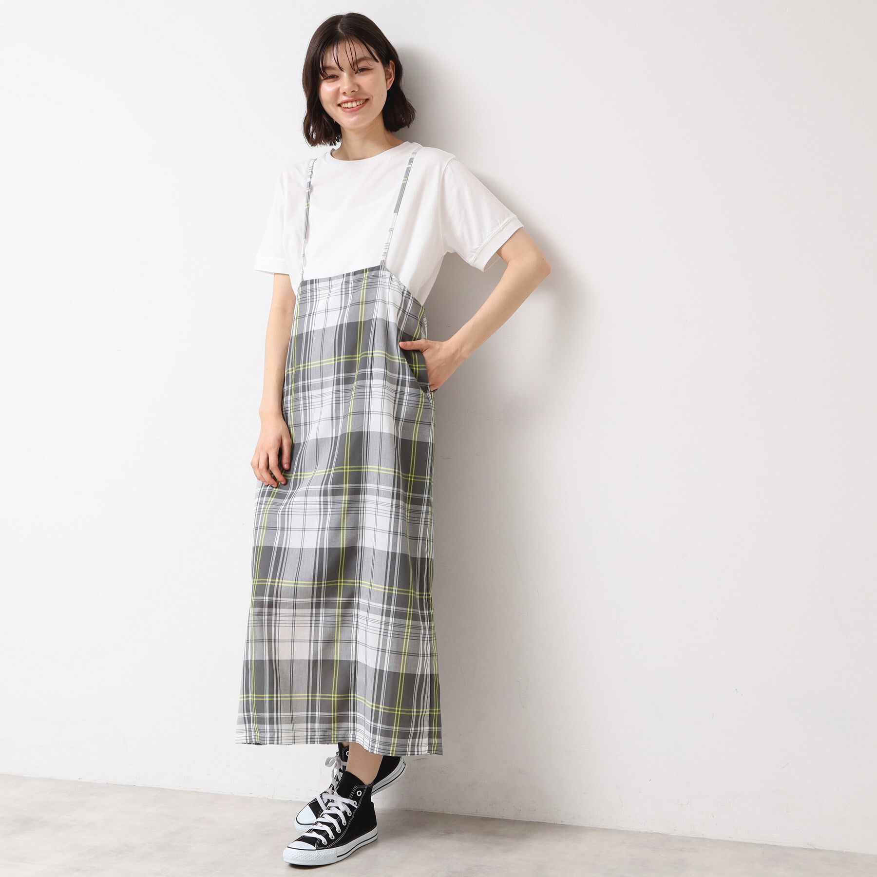 Dessin「【洗える】肩紐付きチェックスカート」|スカート|イエロー(232)