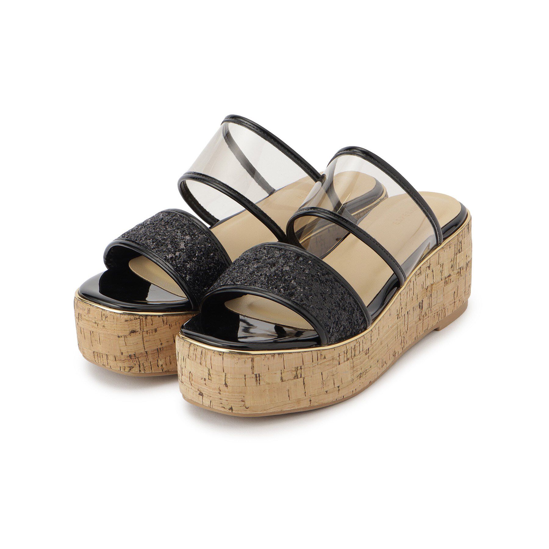 ESPERANZA「グリッター&times;クリアベルト 厚底コルクサンダル」|サンダル|ブラック(019)